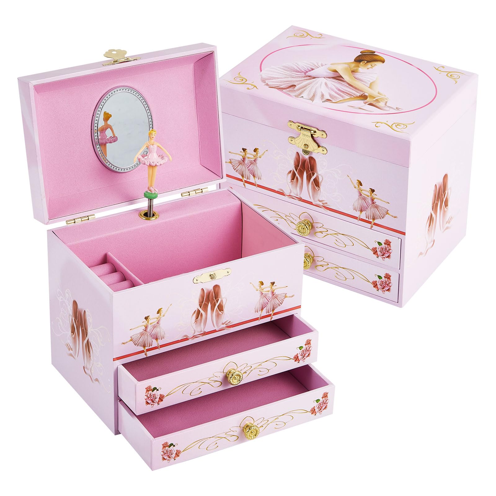 Girl's Ballerina Musical Jewelry Box with 2 Drawers & Spinning Dancer - Perfect Gift for 3-12 Year Old Girls, Jewelry Storage Organizer for Bedroom, Birthday & Christmas Presents