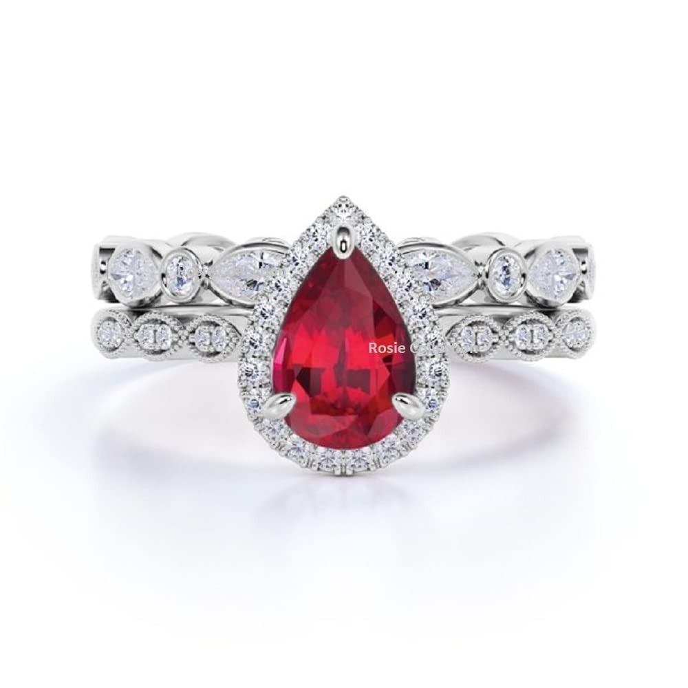 Elegant 925 Sterling Silver Halo Pear Shaped Red Ruby Engagement Ring Set for Women - Perfect for Weddings, Anniversaries & Romantic Proposals
