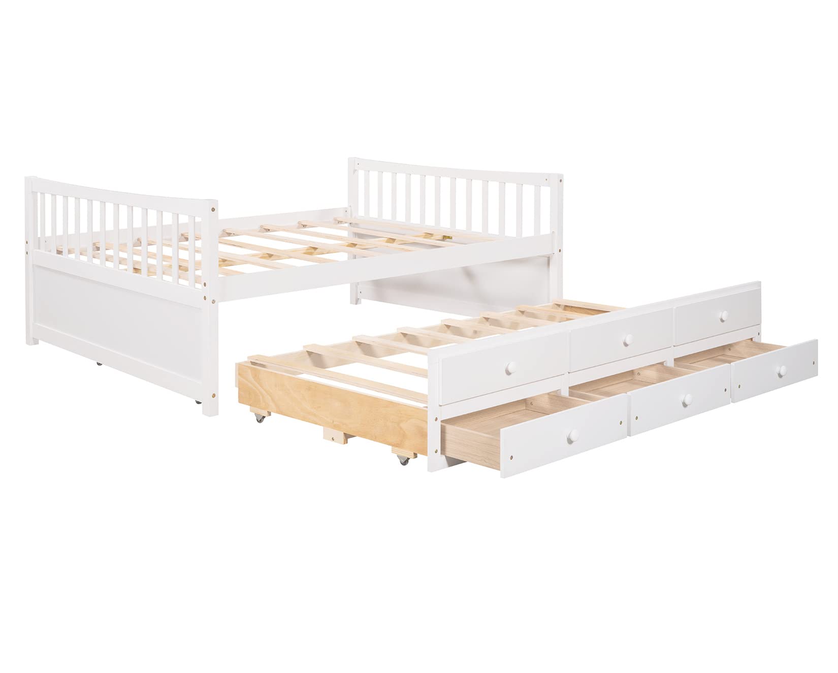 Bellemave Full Size Daybed with Trundle and 3 Storage Drawers - Wooden Platform Bed Frame for Kids, Teens, Boys & Girls - White - Perfect for Guest Rooms, Dormitories & Small Spaces