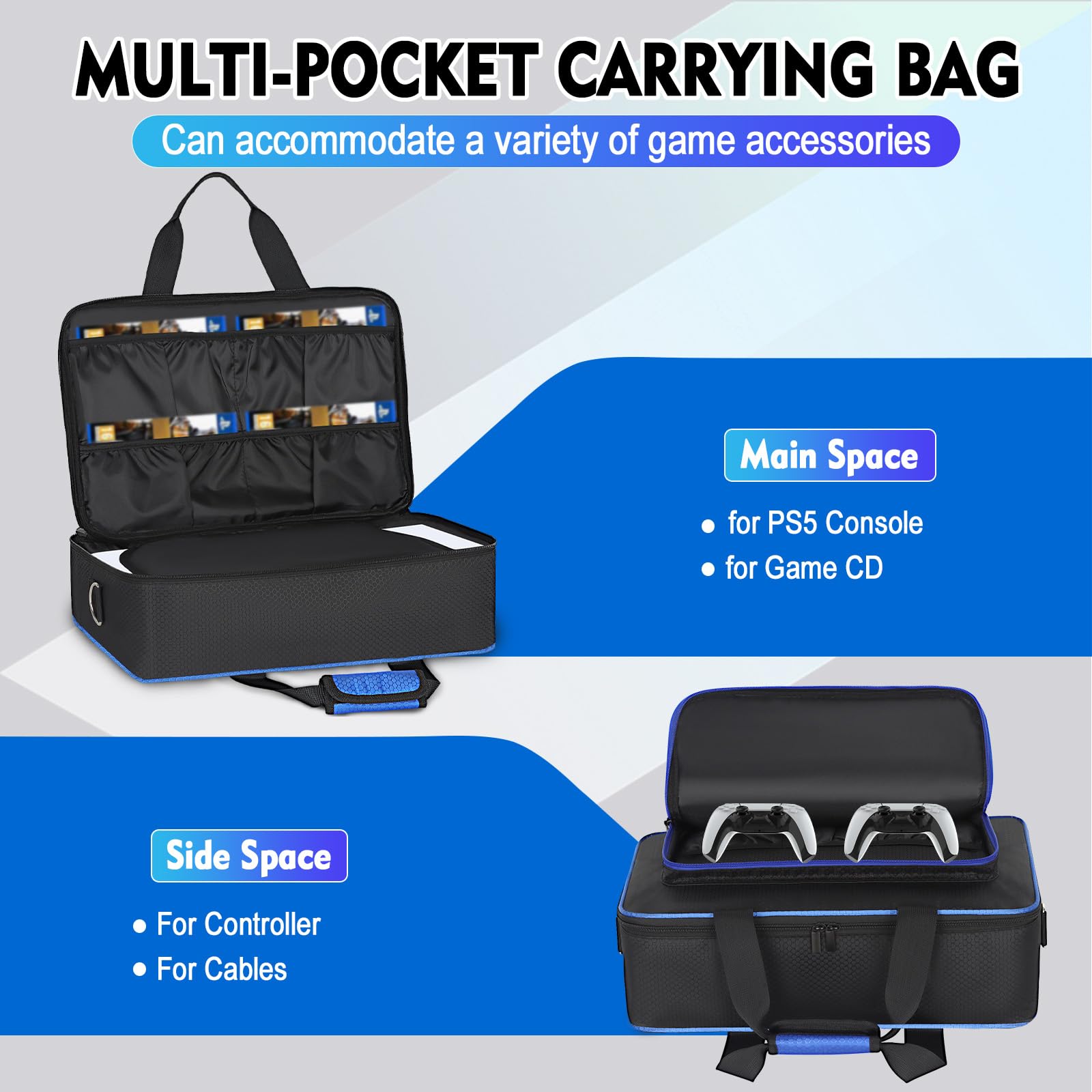 Premium Shockproof PS5 Slim & PS5 Travel Carrying Case - Compatible with PS5 Disc/Digital Edition & PS5 Slim - Durable Protective Bag for Gaming Console Storage & Travel (Black & Blue) - Perfect for Air Travel, Commuting & Home Storage