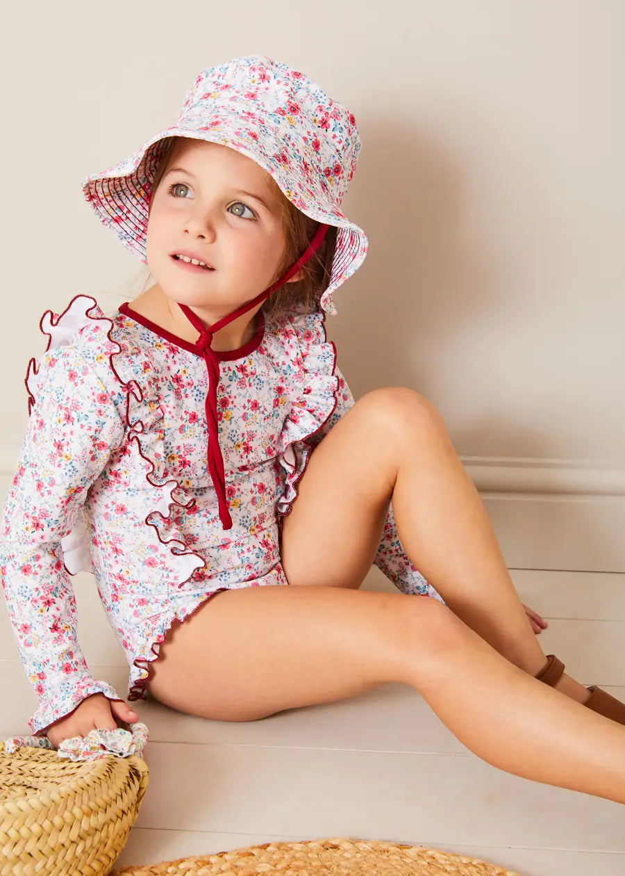 Louisa Floral Ruffle Trim Long Sleeve Swimsuit for Girls 2-10 Years | Pink Swimwear with UV Protection | Perfect for Beach, Pool & Summer Vacations