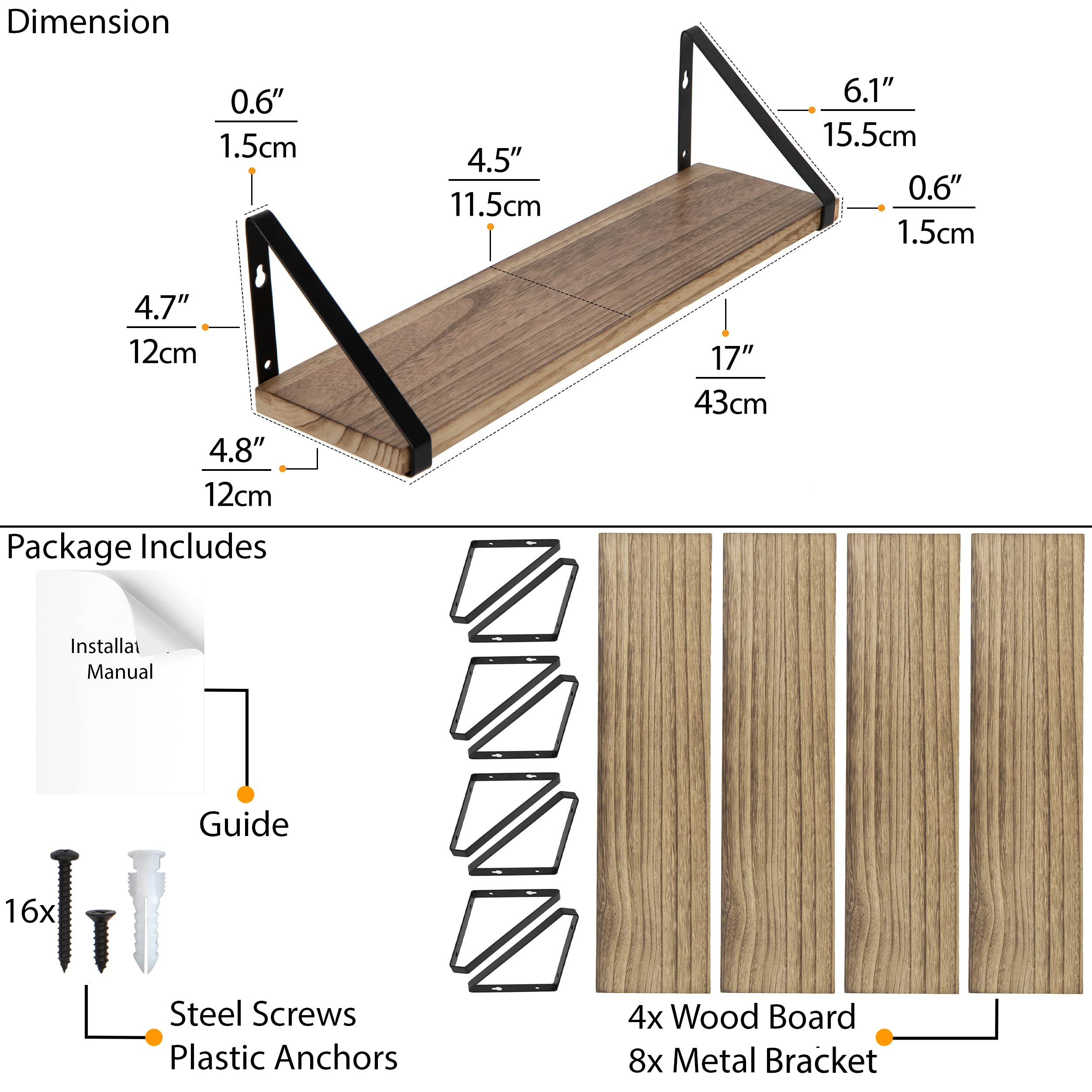 Wallniture Ponza Floating Shelves Set of 4 - Rustic Wood Wall Shelves with Metal Brackets for Bedroom, Bathroom, Living Room & Kitchen Decor | Perfect for Displaying Books, Plants & Home Decor Items