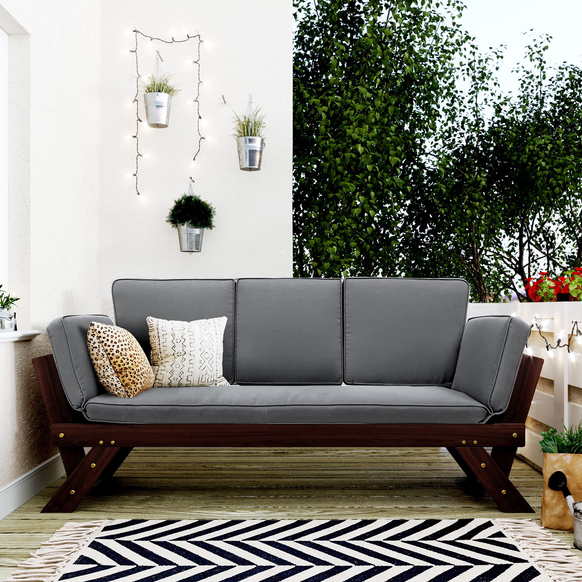Merax Outdoor Patio Furniture Set - Adjustable Wooden Daybed & Sofa Chaise Lounge with Cushions (Brown & Gray) - Perfect for Backyard, Poolside & Garden Relaxation