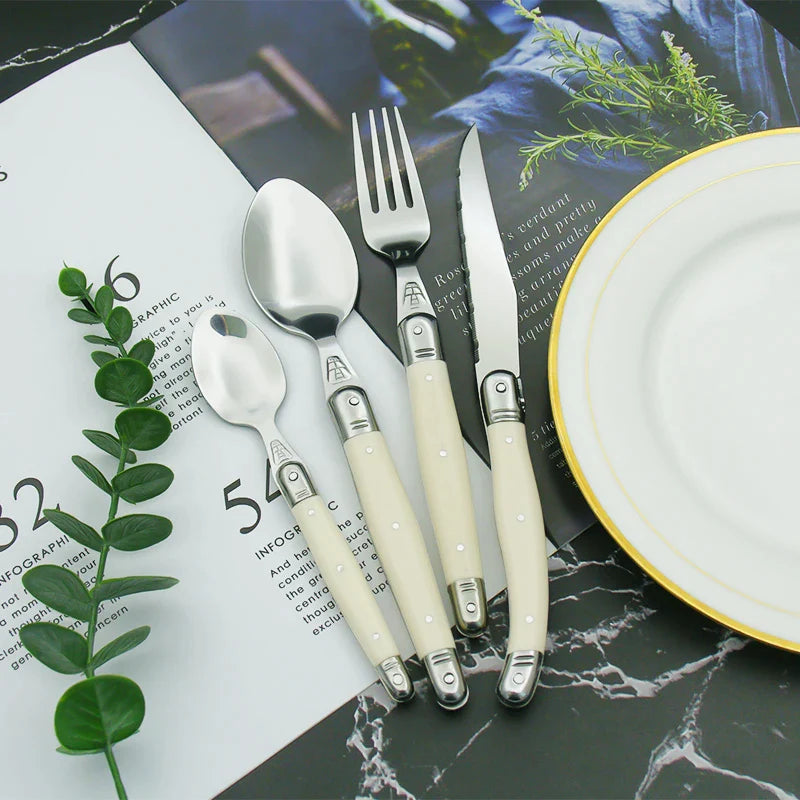 Premium Ivory Laguiole Flatware Cutlery Set - 12-Piece Stainless Steel Knife Fork Spoon Set for Fine Dining, Wedding Gifts & Elegant Table Settings