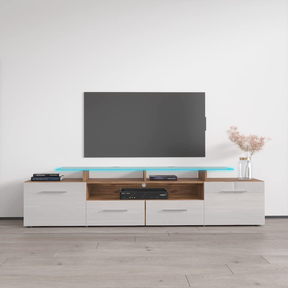 Modern Evora Wide High Gloss TV Stand with Storage Cabinets & LED Lights - 70 Inch Media Entertainment Center Console Table - White - Perfect for Living Room, Home Theater & Gaming Setup