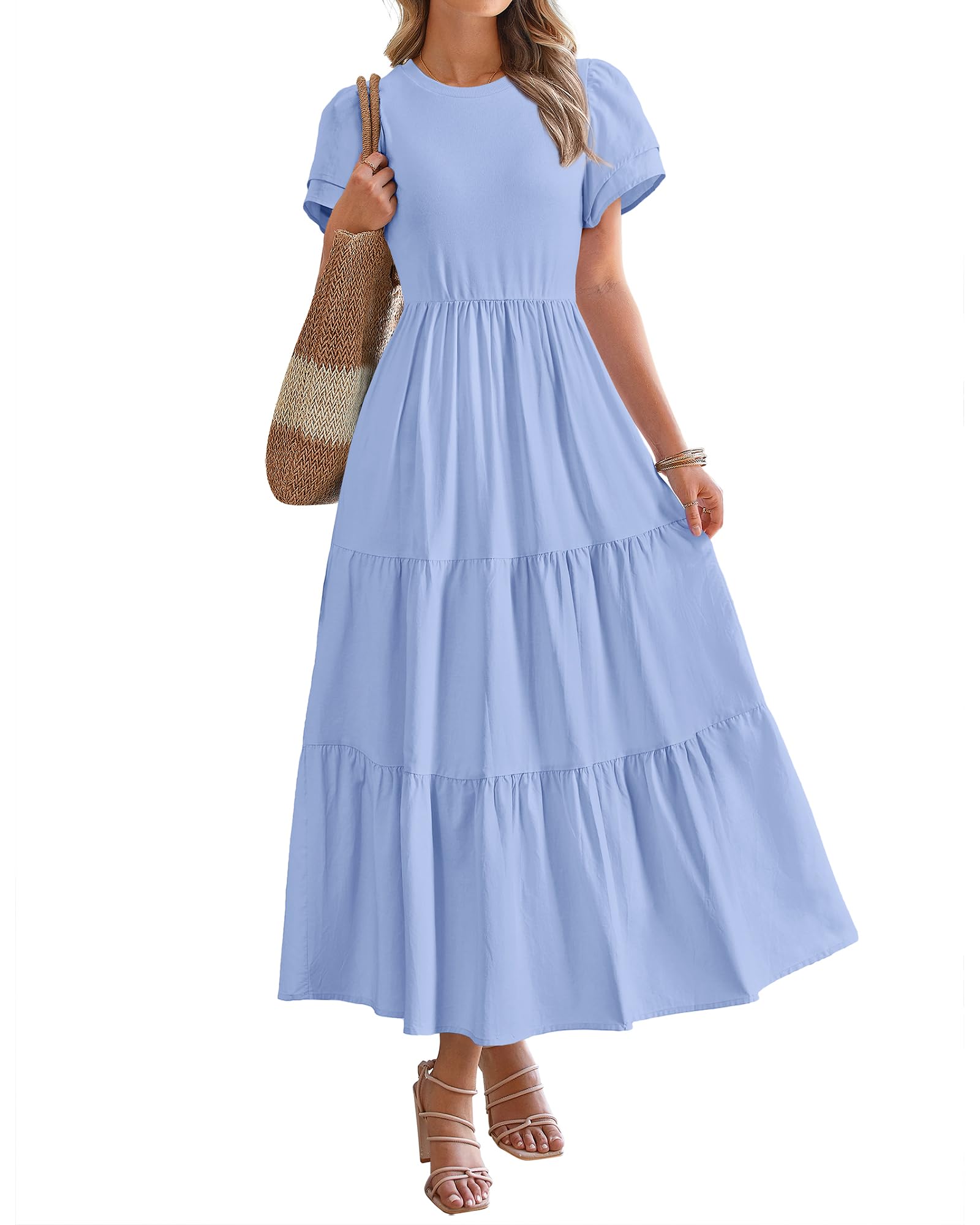 BTFBM Women's Casual Summer Dresses 2025 - Spring Crewneck Short Sleeve Tiered Flowy Boho Maxi Dress with Pockets for Beach Vacation, Party, and Everyday Wear