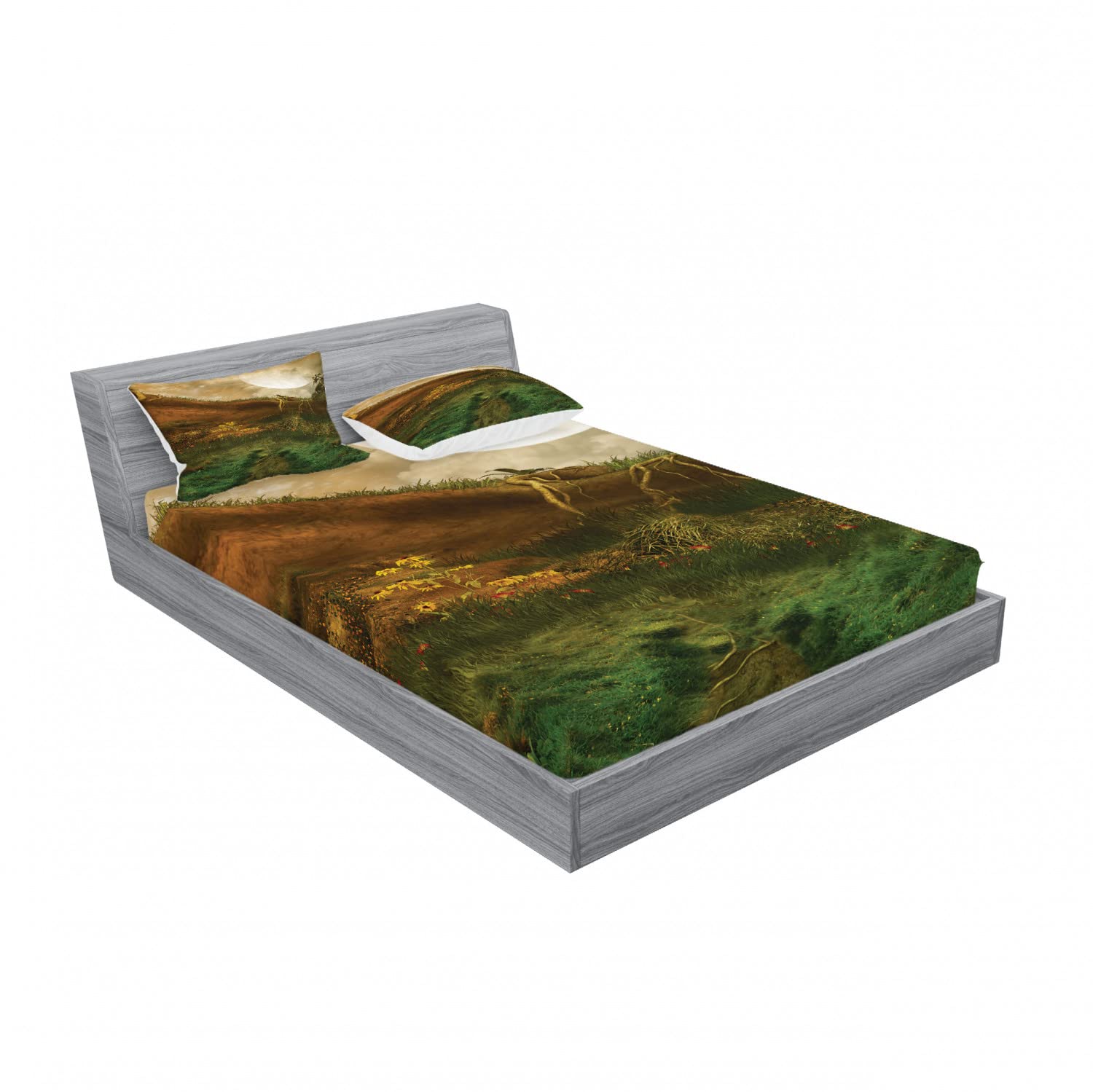 Ambesonne 2-Pack Queen Size Fitted Sheet Set with 4 Pillow Shams - Valley with Full Moon Landscape Design in Fern Green & Cinnamon | Soft Bedding Decor for Master Bedroom, Guest Room & Vacation Homes