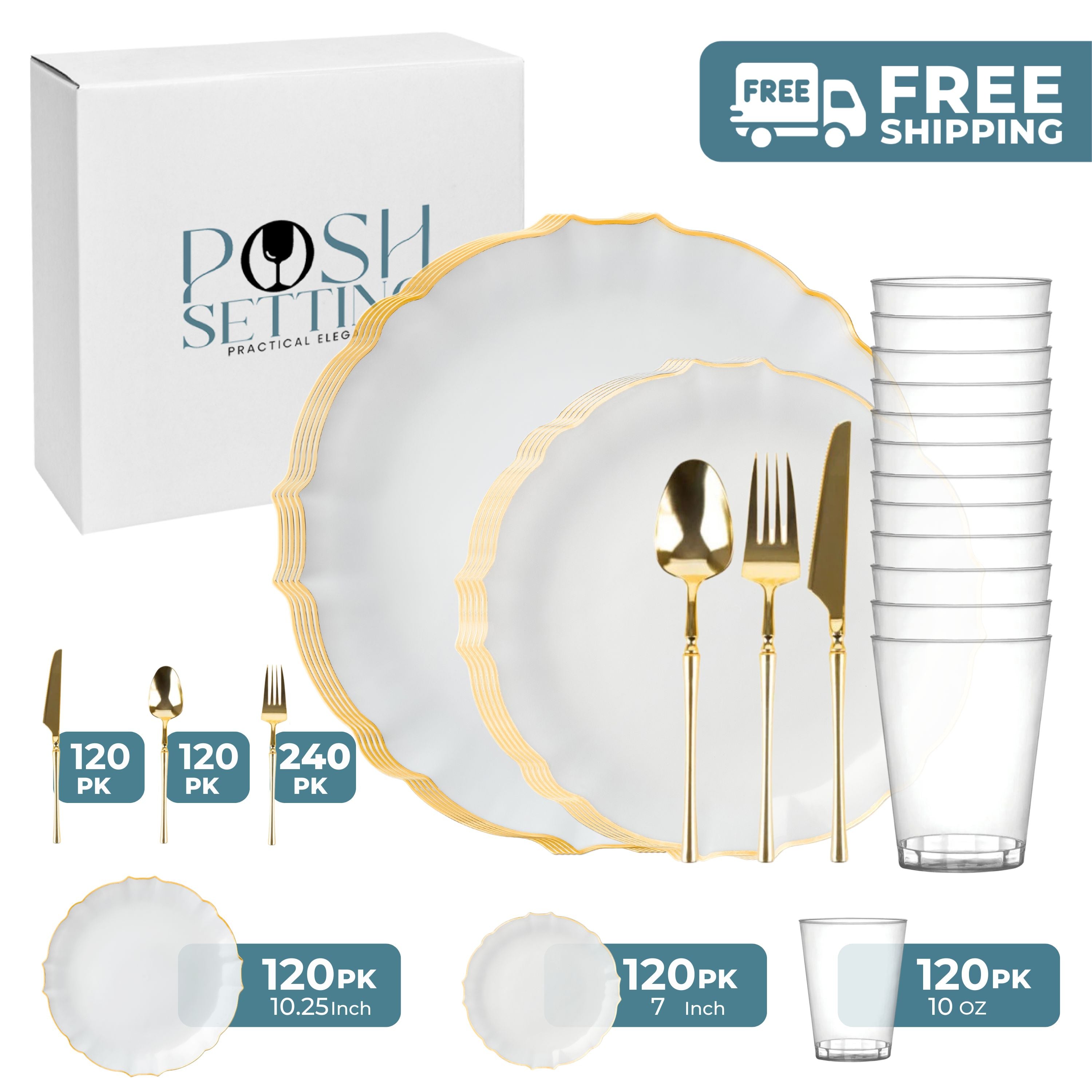 Luxury White & Gold Plastic Party Bundle - Transparent Elegant Disposable Tableware Set for Weddings, Birthdays & Special Events
