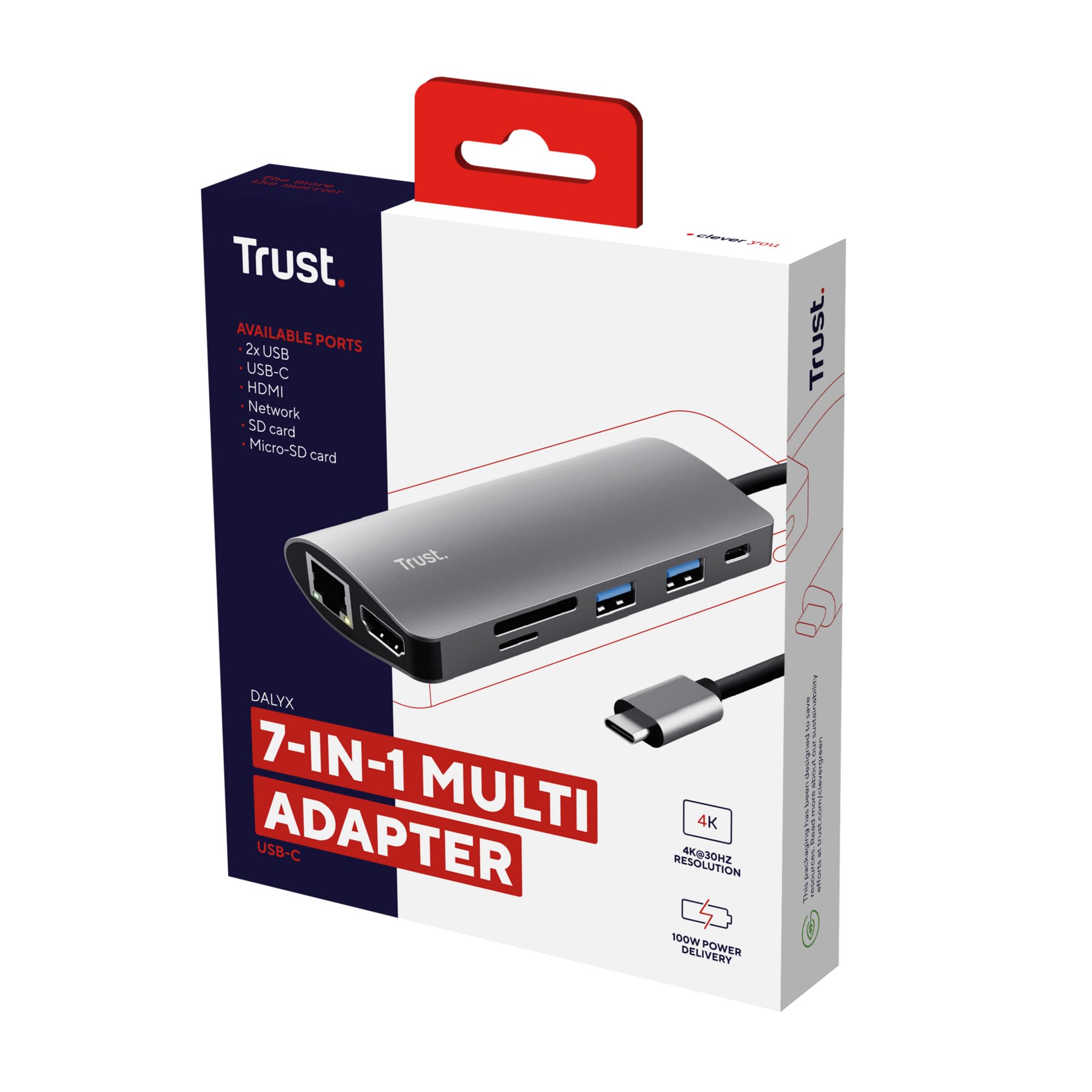 Trust Dalyx 7-in-1 USB-C Hub with HDMI 4K 30Hz, Ethernet, 2 USB-A Ports, SD/MicroSD Card Readers - USB C Adapter for MacBook Pro/Air, Windows Laptops, Chromebook - Perfect for Home Office, Remote Work & Travel