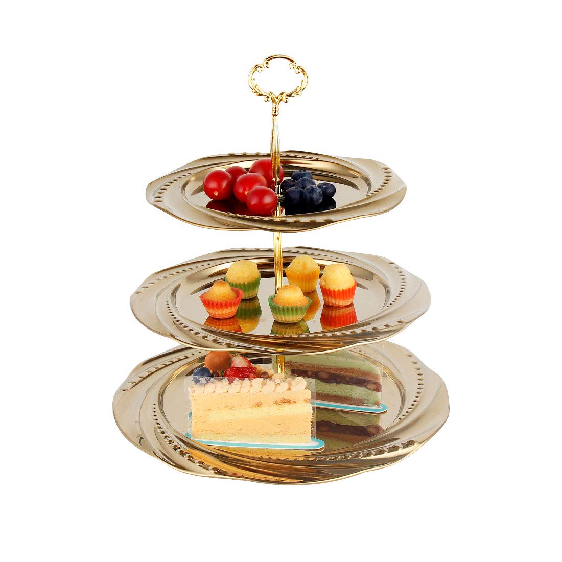3 Tier Stainless Steel Cake Stand - Elegant 3-Tier Serving Tray for Wedding, Birthday Party, Tea Party | Perfect for Desserts, Fruits, Cupcakes & Buffet Display | Christmas Decoration & Gift Idea (Golden)