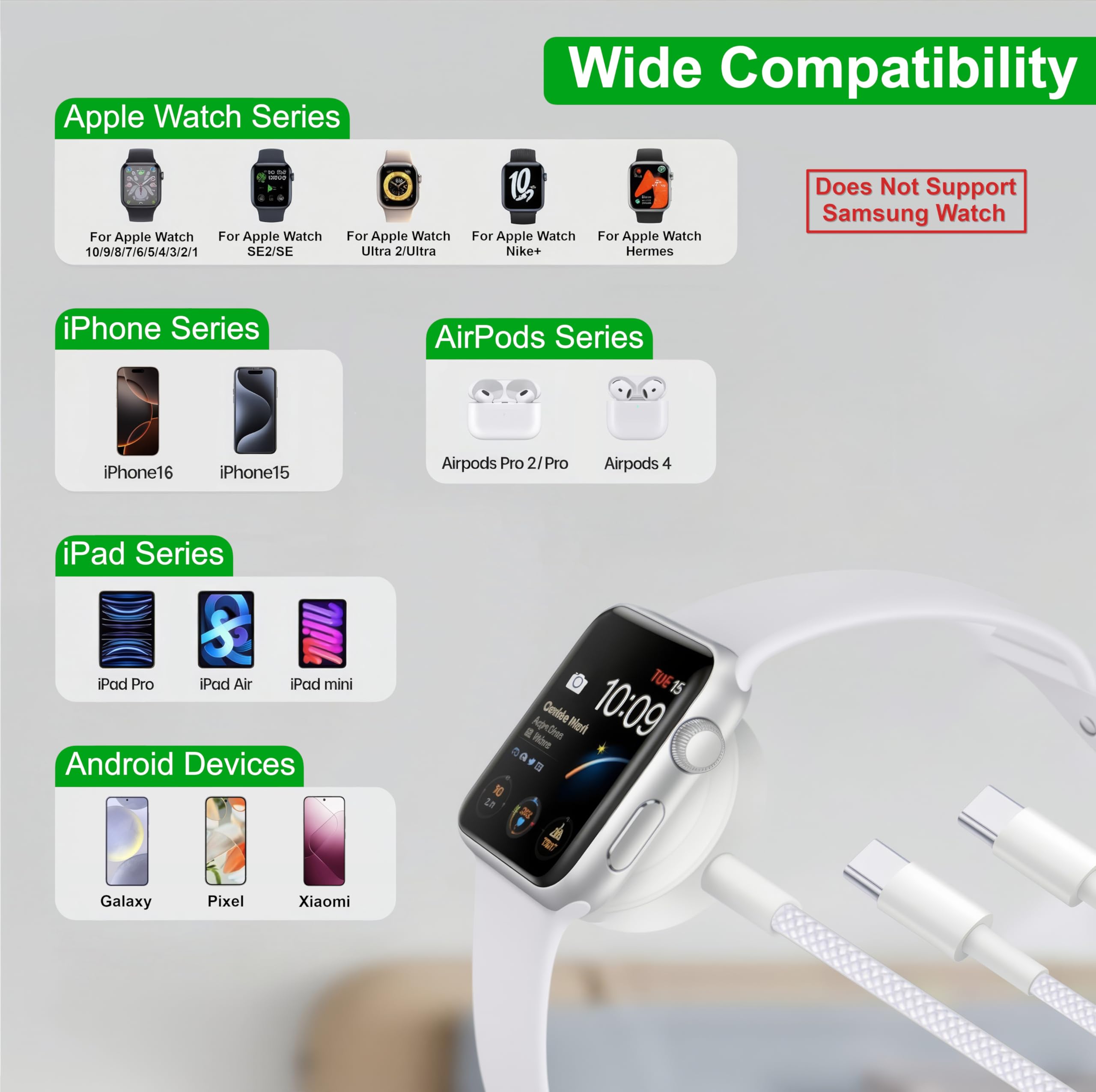 Upgraded 3-in-1 USB C Cable for Apple Watch Charger (4FT/1.2M) - Fast Charging Cord Compatible with iWatch Ultra 2/SE 2/Series 1-10, iPhone 16/15 Pro Max, iPad & AirPods - Perfect for Travel, Home & Office Use