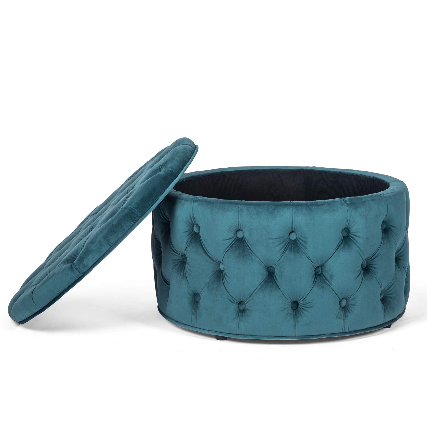 Homebeez 28 Inch Velvet Round Storage Ottoman with Button Tufted Design - Multi-Functional Footrest Stool, Bench & Coffee Table for Living Room, Bedroom or Nursery (Dark Teal) | Perfect for Extra Seating, Storage & Home Decor