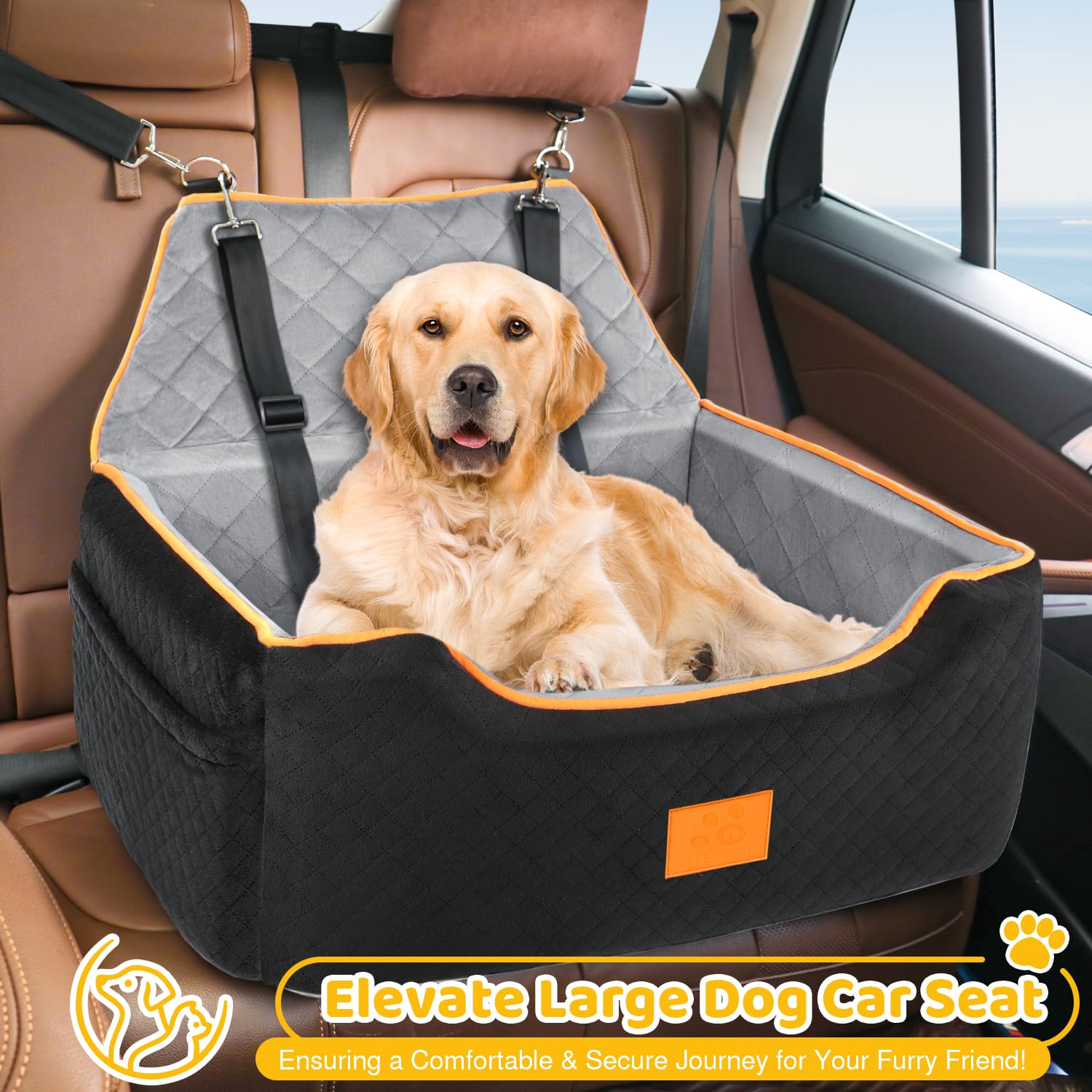 Premium Dog Car Seat for Large & Medium Dogs - Washable & Detachable Pet Booster Seat for Dogs Under 55Lbs (Fits 2 Small Dogs) - Thick Comfort Cushion with Storage Pockets (Black/Gray) - Perfect for Road Trips & Daily Commutes