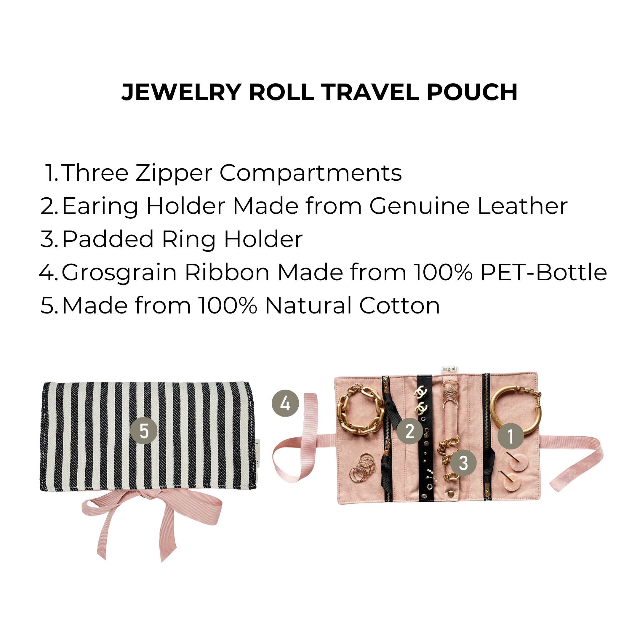 Luxury Jewelry Organizer Roll - Medium Size Striped Design for Travel & Storage | Perfect for Necklaces, Bracelets & Earrings
