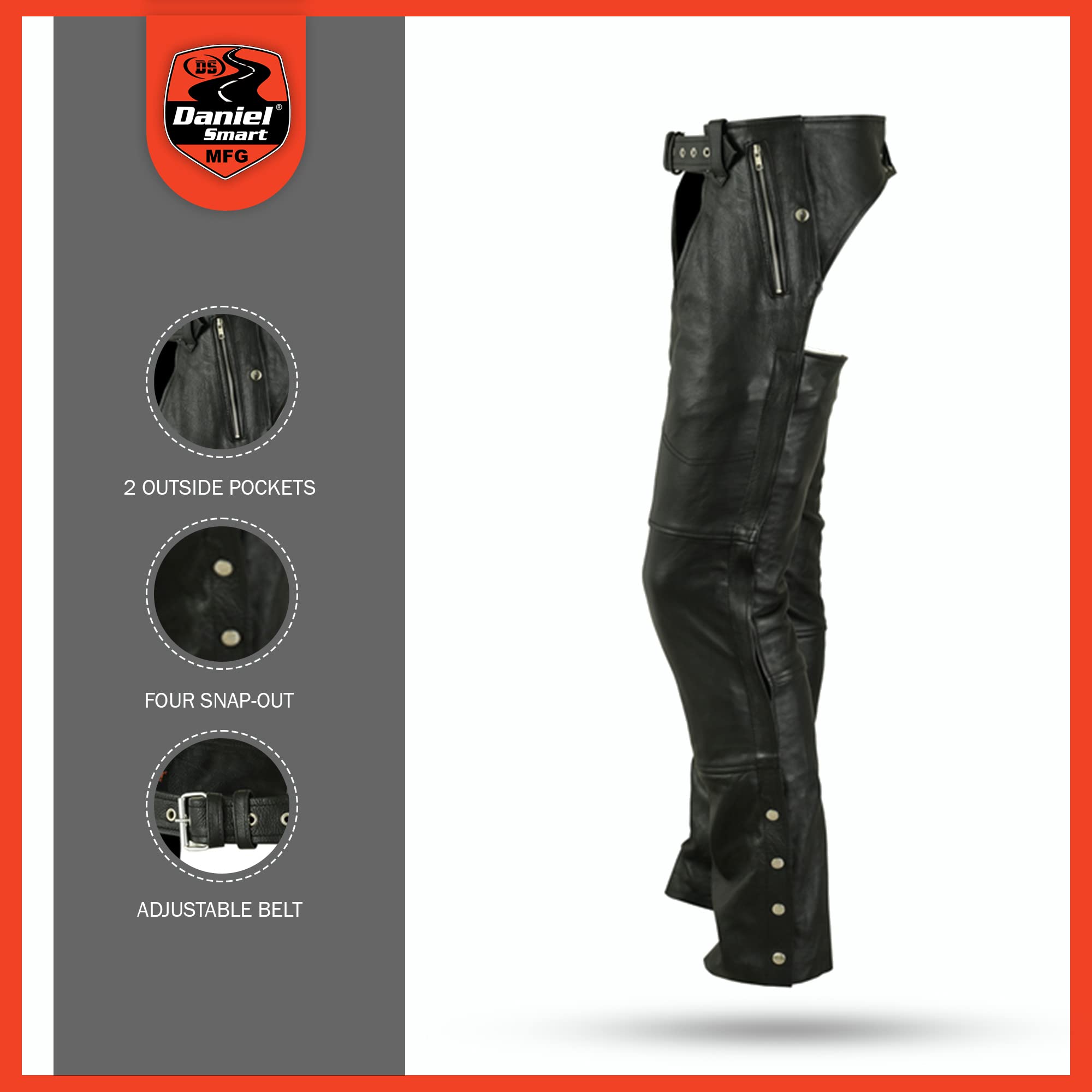 Daniel Smart Motorcycle Leather Chaps - All Season Unisex Biker Pants with Adjustable Fit & Convenient Pockets | Perfect for Harley, Cruiser & Road Trips