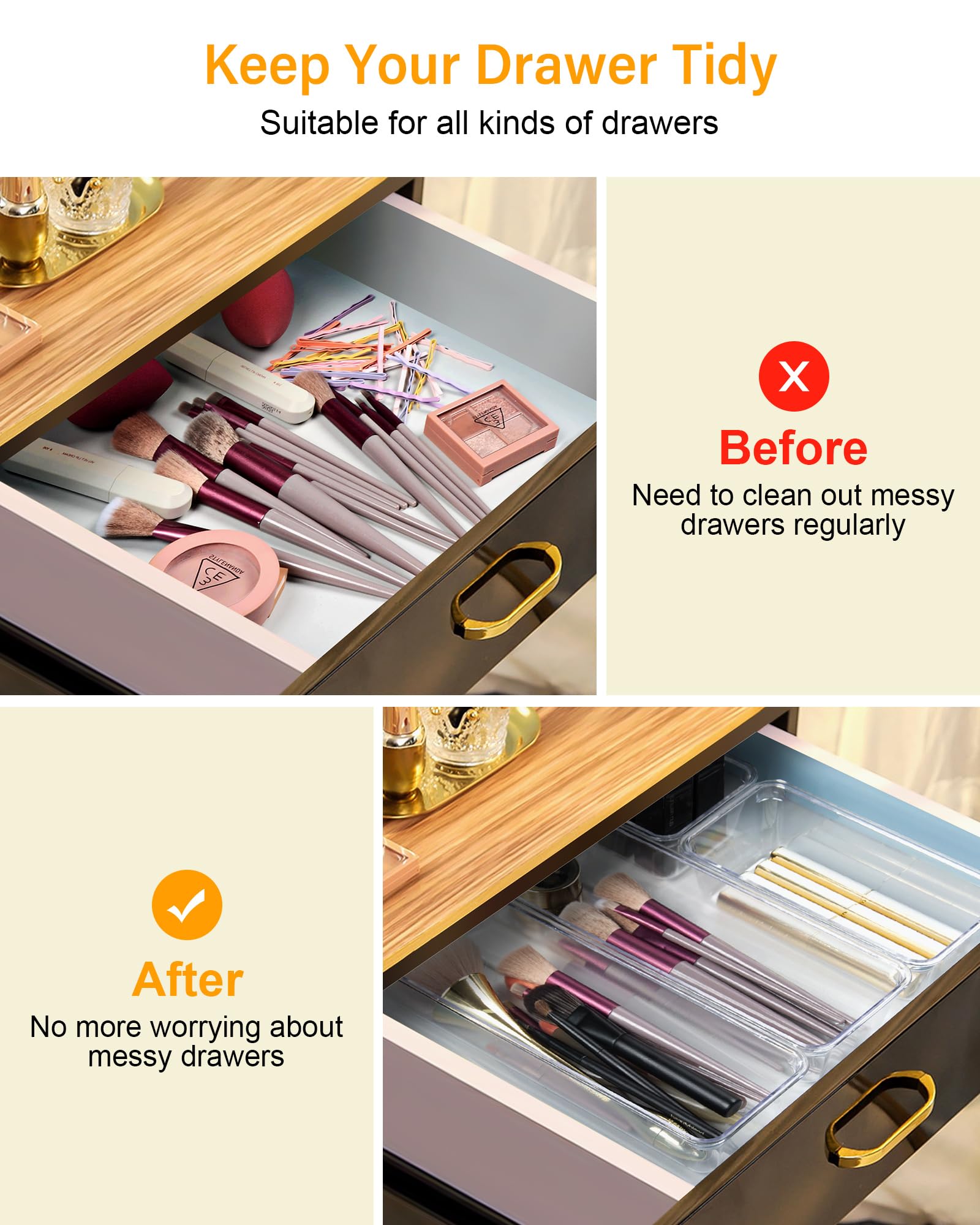 6-Piece Clear Plastic Drawer Organizer Set - Stackable Storage Bins & Dividers for Bathroom, Kitchen, Office (3 Sizes) | Perfect for Makeup, Vanity, Utensils & Craft Supplies Organization