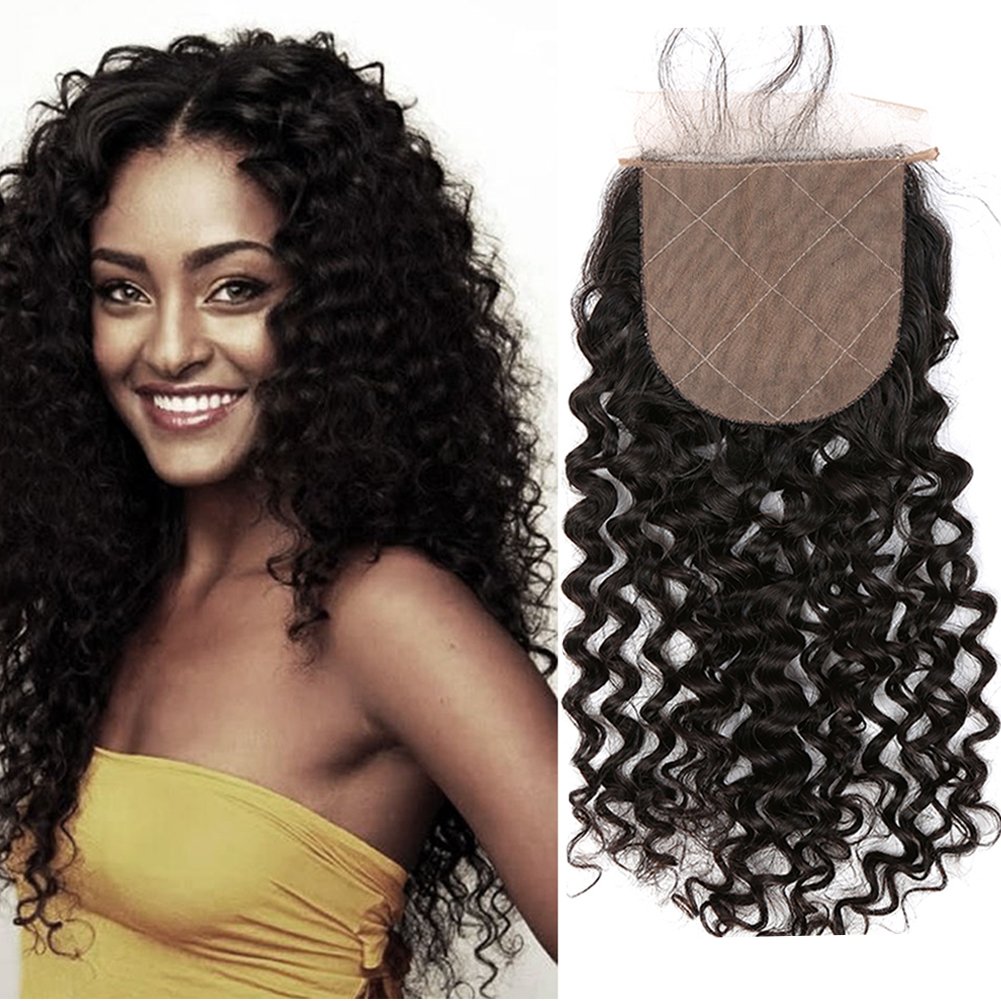4x4 Silk Base Lace Closure with Baby Hair - Free Part Curly Wave Human Hair Closure - Bleached Knots Brazilian Virgin Hair - 18 Inch Natural Color - Perfect for Protective Styles & Everyday Wear