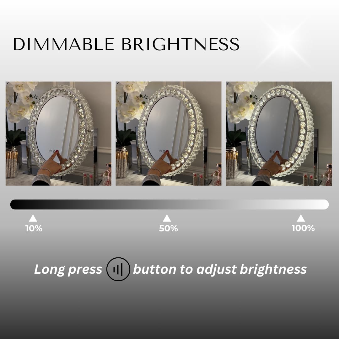 Oval LED Vanity Mirror with Crystal Accents - Illuminated Makeup Mirror with Adjustable Brightness for Perfect Makeup Application at Home or Salon