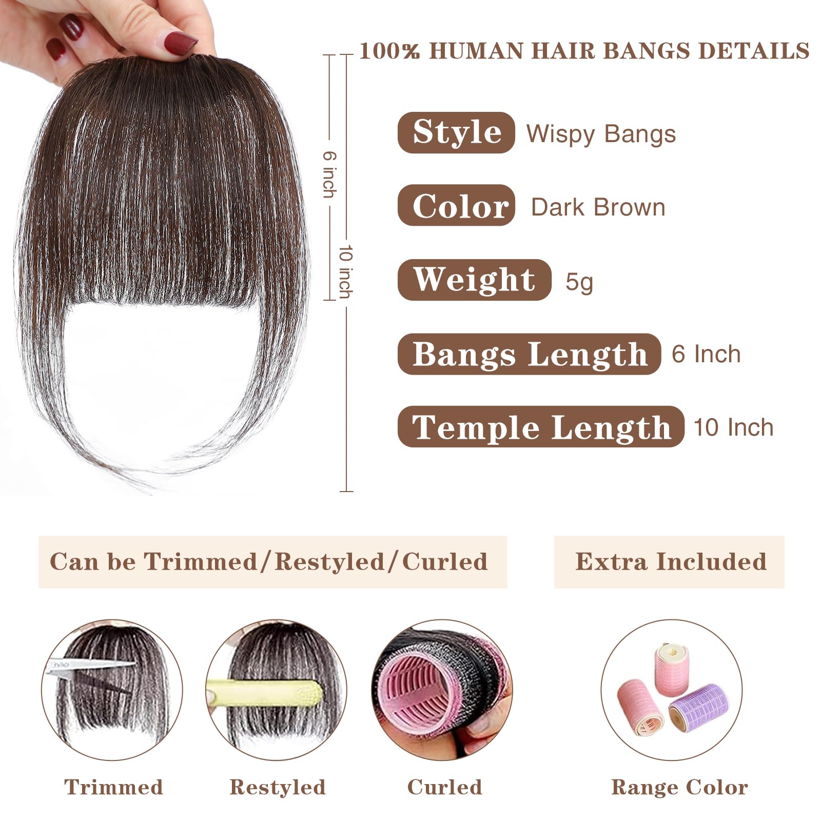100% Real Human Hair Clip in Bangs for Women - Wispy Fake Bangs Hair Extensions with Hair Roller, Dark Brown | Natural Look for Daily Wear, Cosplay & Costume Parties