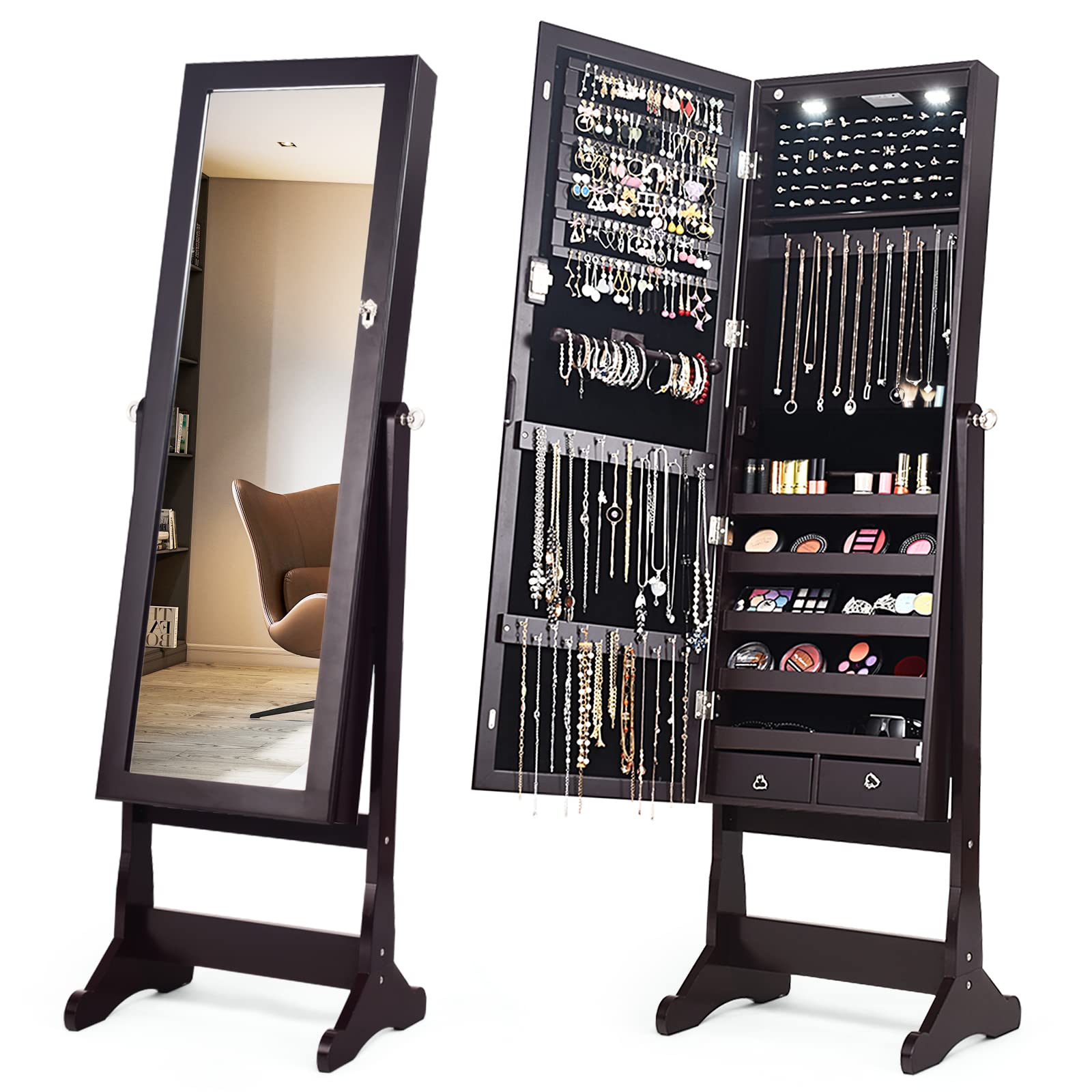 COSTWAY Full Length Standing Mirror Jewelry Cabinet with LED Lights - Large Lockable Jewelry Organizer Armoire for Women & Girls, 4 Adjustable Angles, Brown - Perfect for Bedroom, Dressing Room & Closet Organization