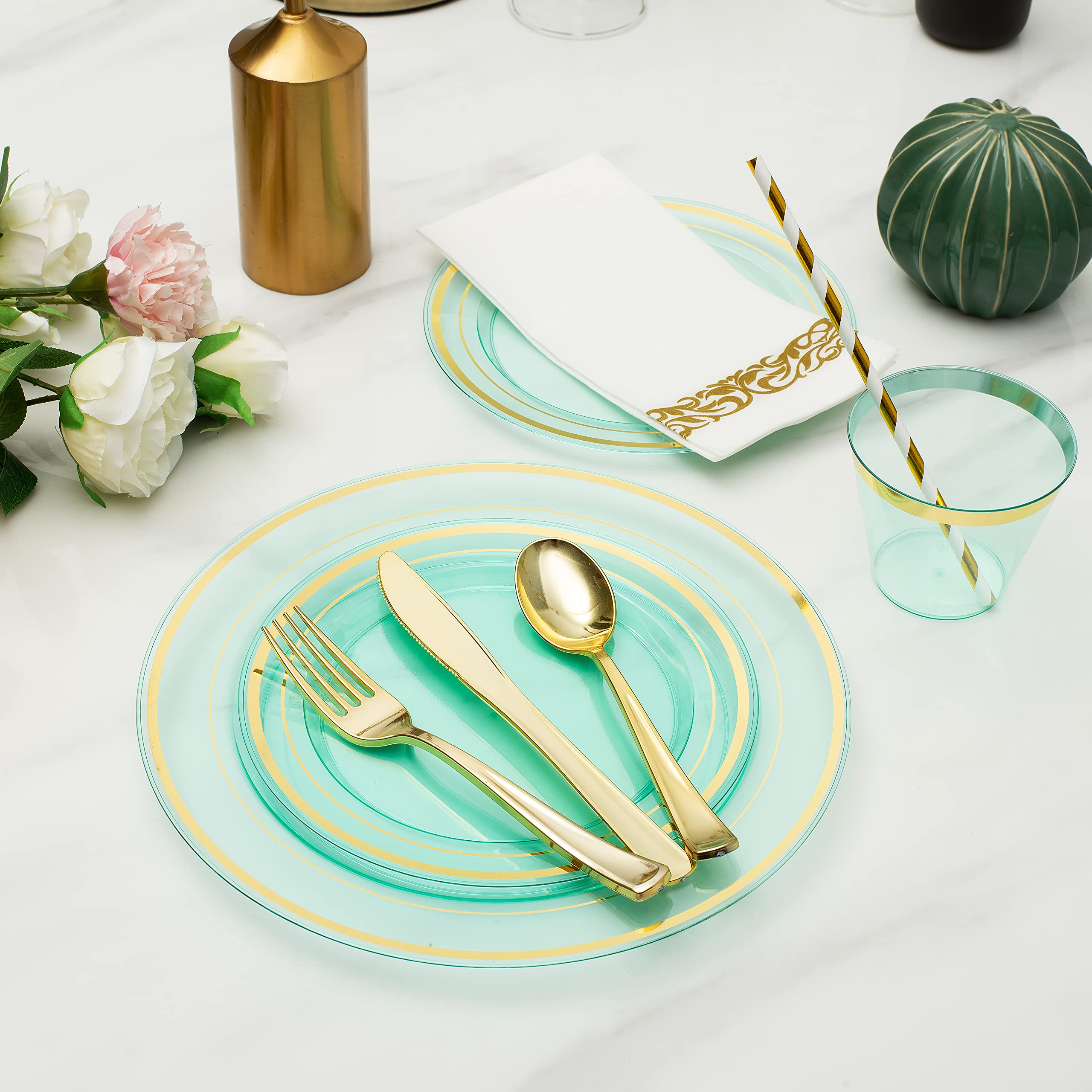 400-Piece Mint Green Disposable Plastic Plates Set for 50 Guests - Heavy Duty Dinner Plates, Fancy Dessert Plates, Gold/Silver Cutlery, Cups, Napkins & Straws - Perfect for Weddings, St. Patrick's Day, Easter & Party Events