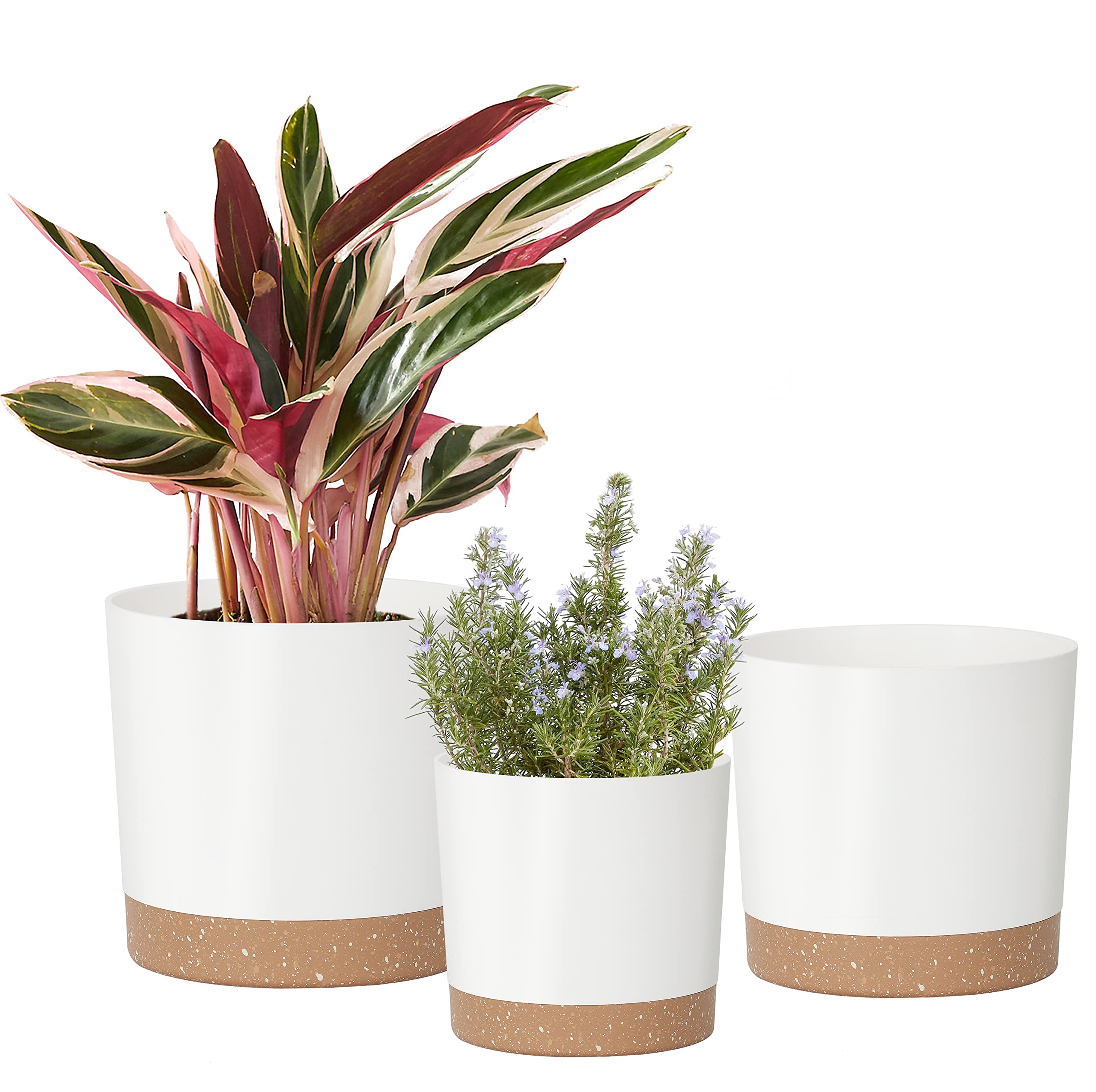 Vugosson 3-Pack Indoor Plant Pots with Drainage Holes & Saucers - 4.7/6/7 Inch White Flower Planters for Succulents, Herbs & Houseplants - Perfect for Windowsill Gardens, Home Decor & Nursery Seedlings