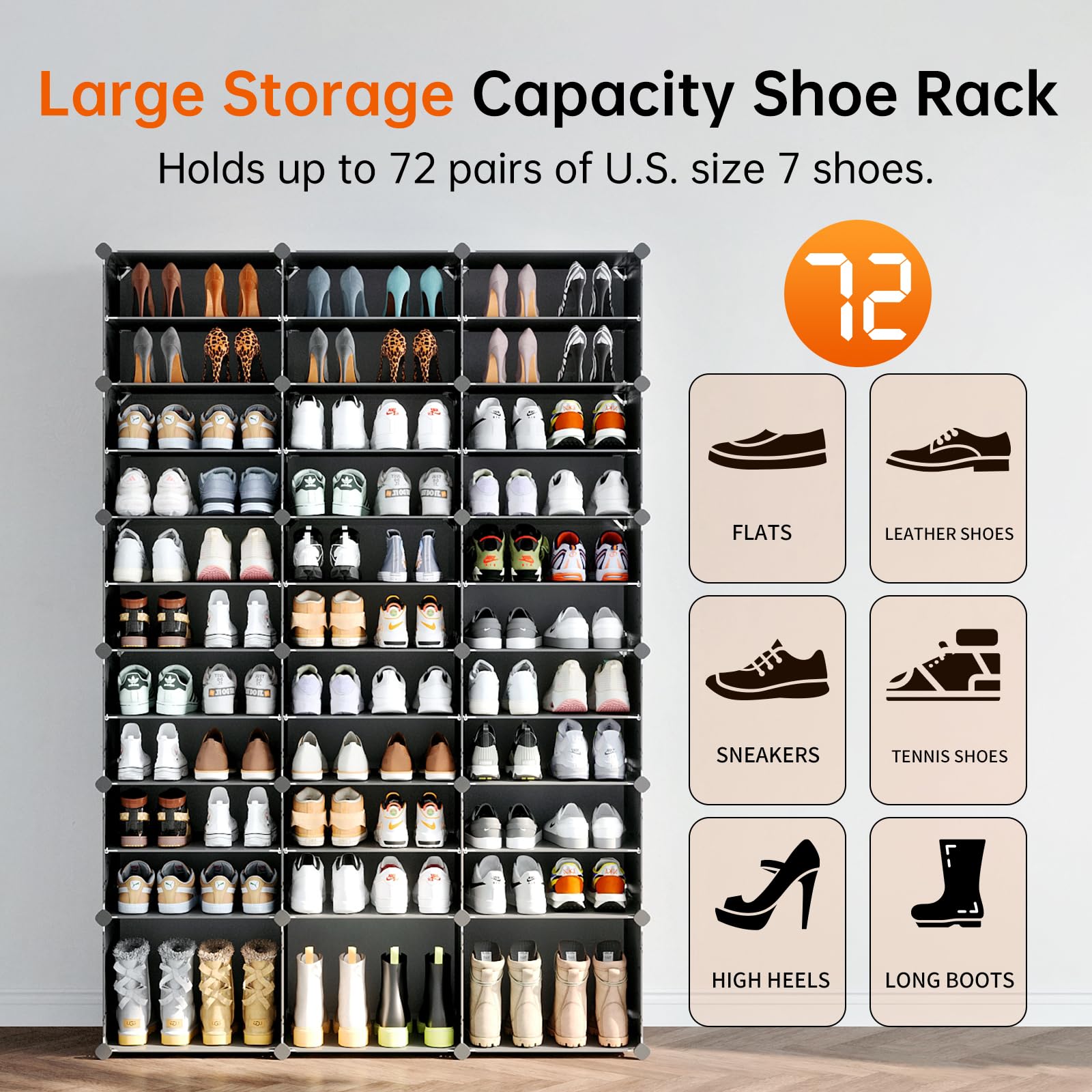 MAGINELS 72-Pairs Shoe Storage Cabinet with Doors - Large DIY Plastic Detachable Shoe Rack Organizer for Entryway, Bedroom, Closet (Black) | Space-Saving Shoe Storage Solution for Home Organization