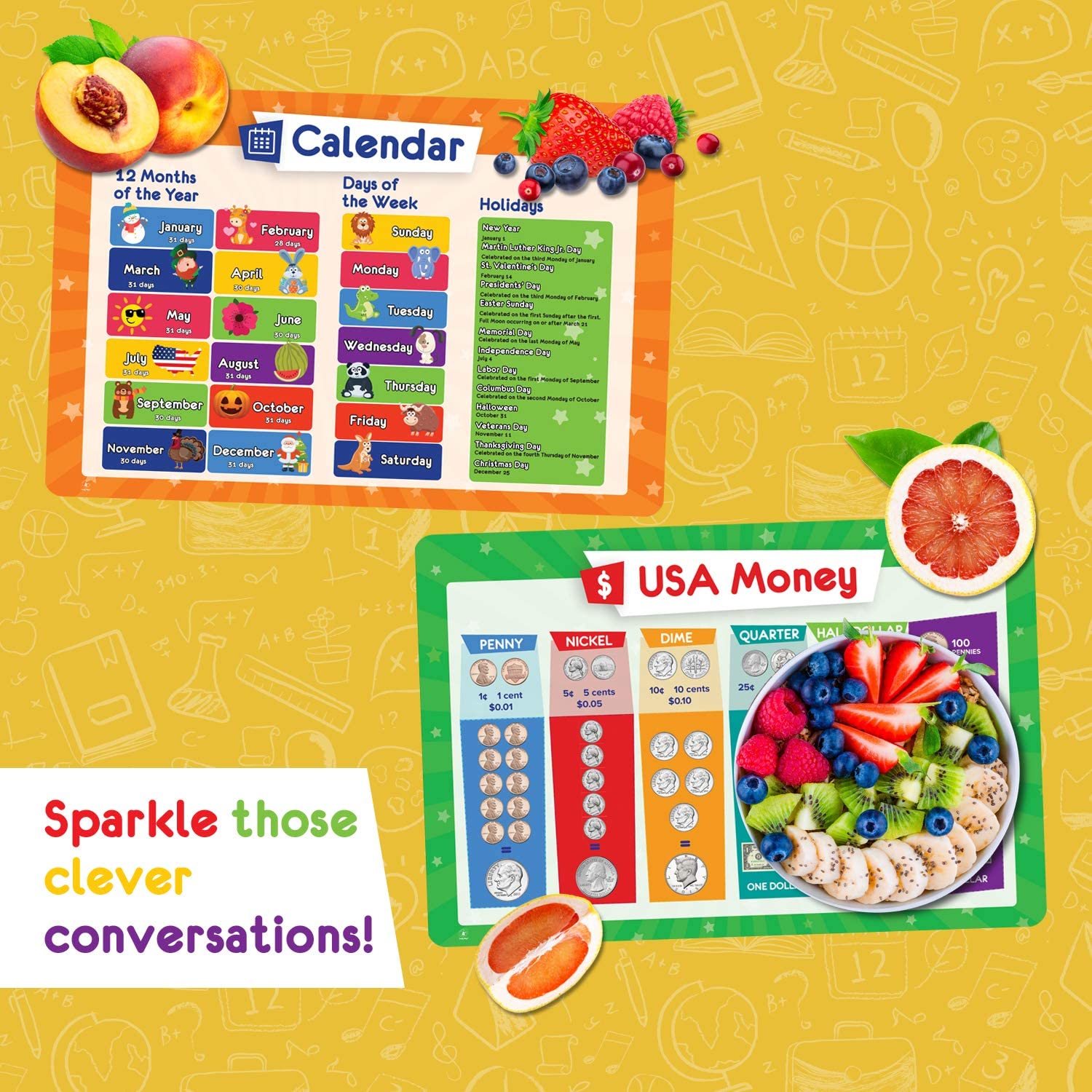 10 Pack Kids Placemats - 2 Sets of 5 Simply Magic Non-Slip Place Mats for Children | Perfect for Dining, Crafts & Learning Activities at Home or School