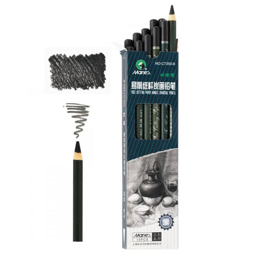 Professional Marie's Artist Charcoal Pencils - 12 Piece Set with Soft Black Paper Handle for Drawing, Sketching & Shading | Ideal for Beginners, Art Students & Professional Artists
