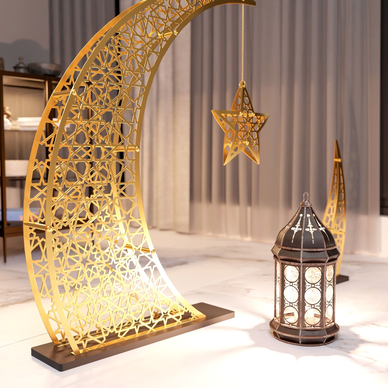Elegant Crescent & Star Ramadan Decor - Metal Islamic Wall Hanging for Home, Mosque & Eid Celebration Decorations