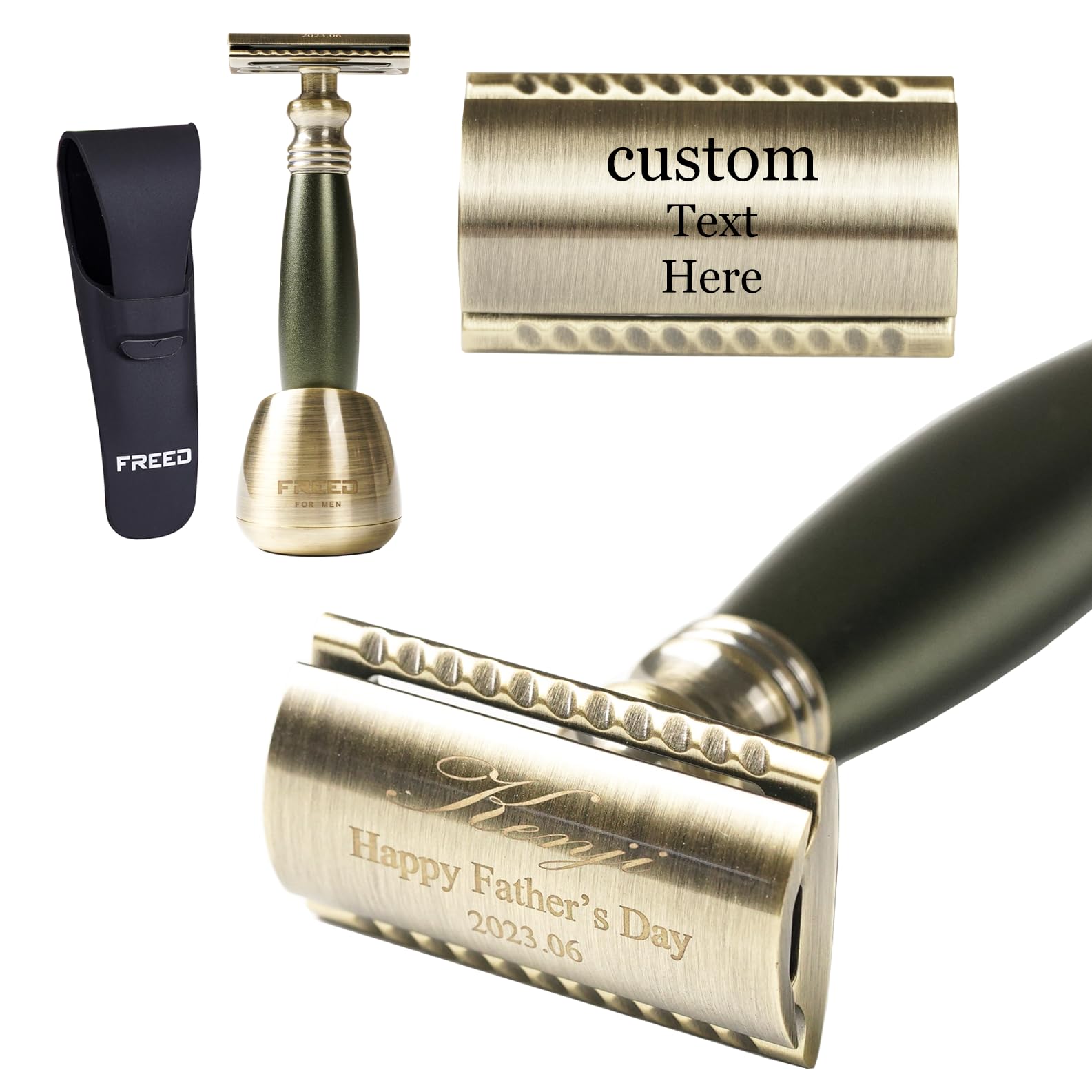 Premium Bronze Series Personalized Men's Shaving Kit - Engraved Safety Razor with Metal Handle, Travel Case, Stand & 10 Blades | Perfect Gift for Father's Day, Birthday & Anniversary | Home & Travel Grooming Essential (Green)