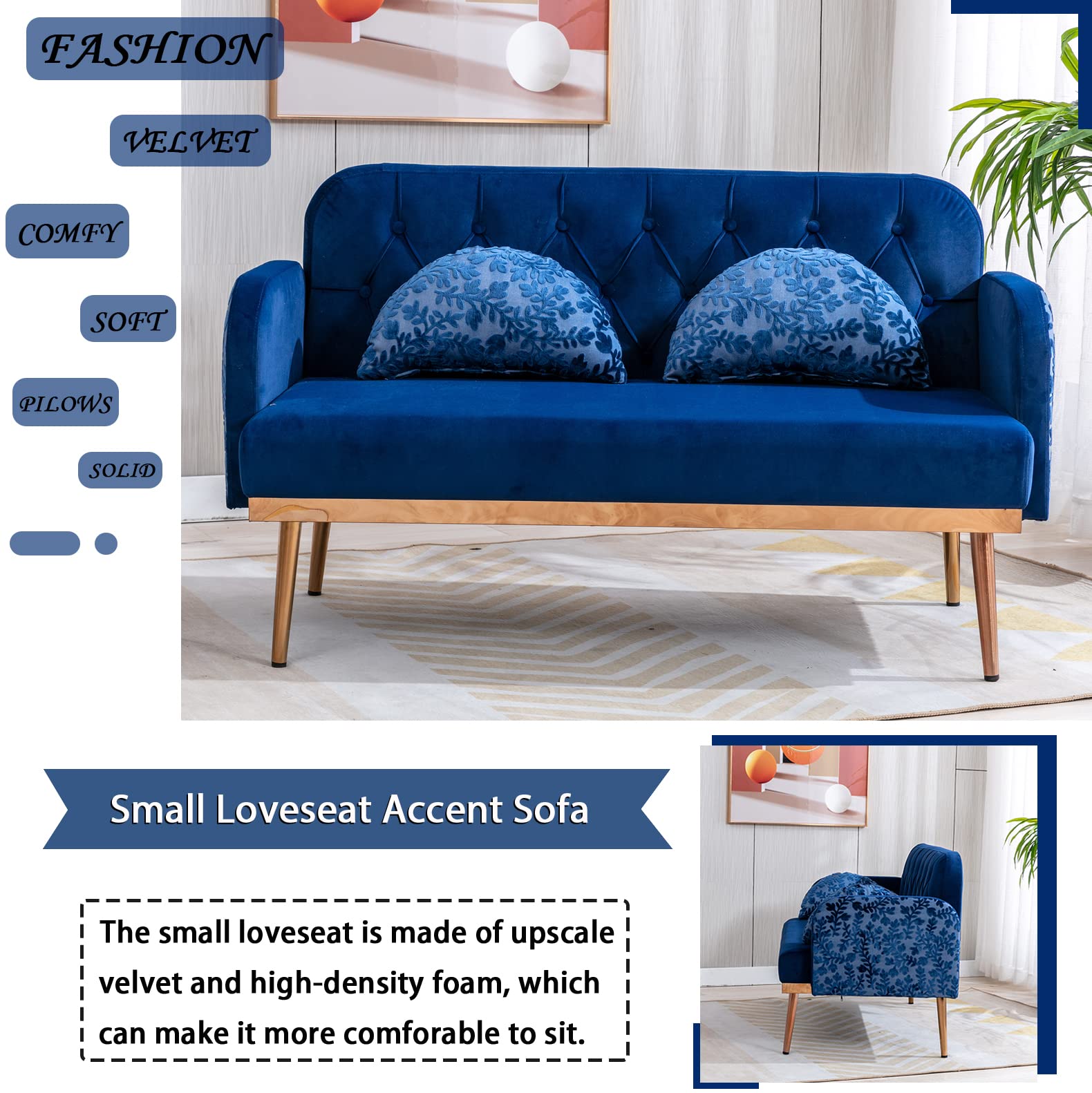 55-Inch Small Velvet Loveseat Sofa with Moon-Shaped Pillows & Gold Metal Legs - Tufted Backrest, 600lb Capacity Navy Blue Couch for Living Room, Apartment, Dorm or Lounge Area