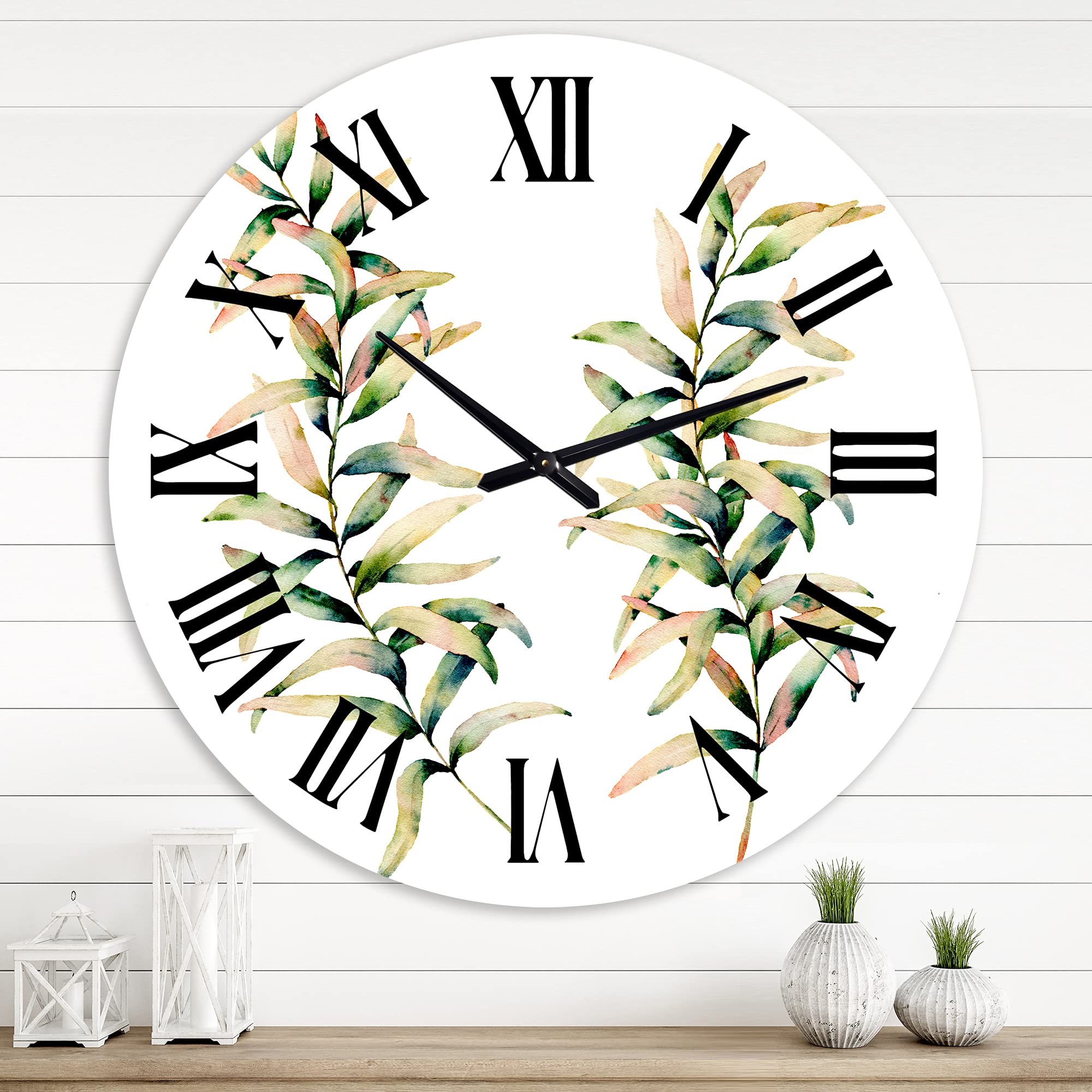 DesignQ Traditional Wall Clock 'Autumn Grass Branches' - Large Floral Botanical Wall Clock for Home, Office & Living Room Decor - Perfect for Farmhouse, Bedroom & Kitchen Wall Decoration