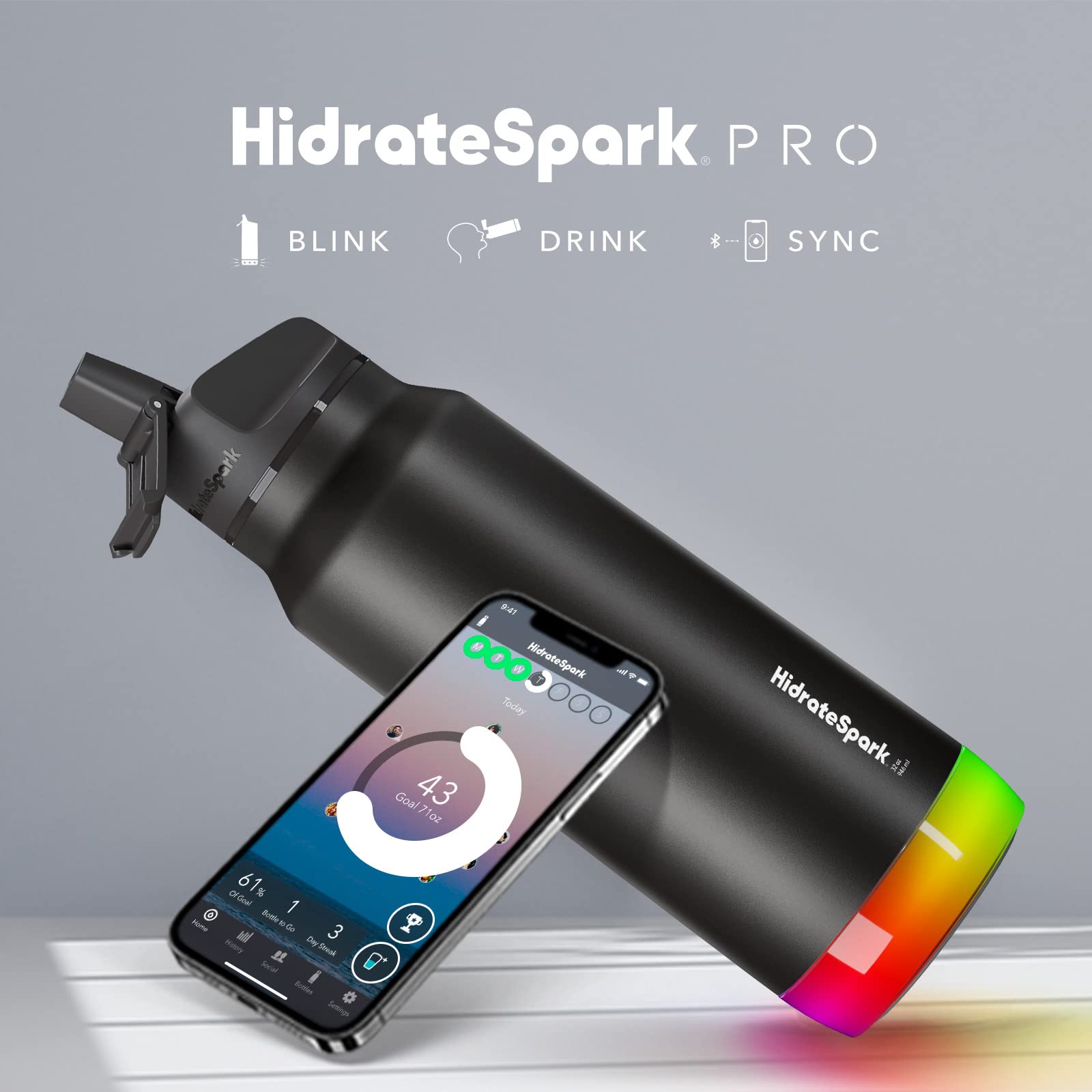HidrateSpark PRO Smart Water Bottle 32oz Stainless Steel with Straw Lid - Tracks Water Intake, Glow Reminder for Hydration, Black | Perfect for Gym, Office, Hiking & Daily Use