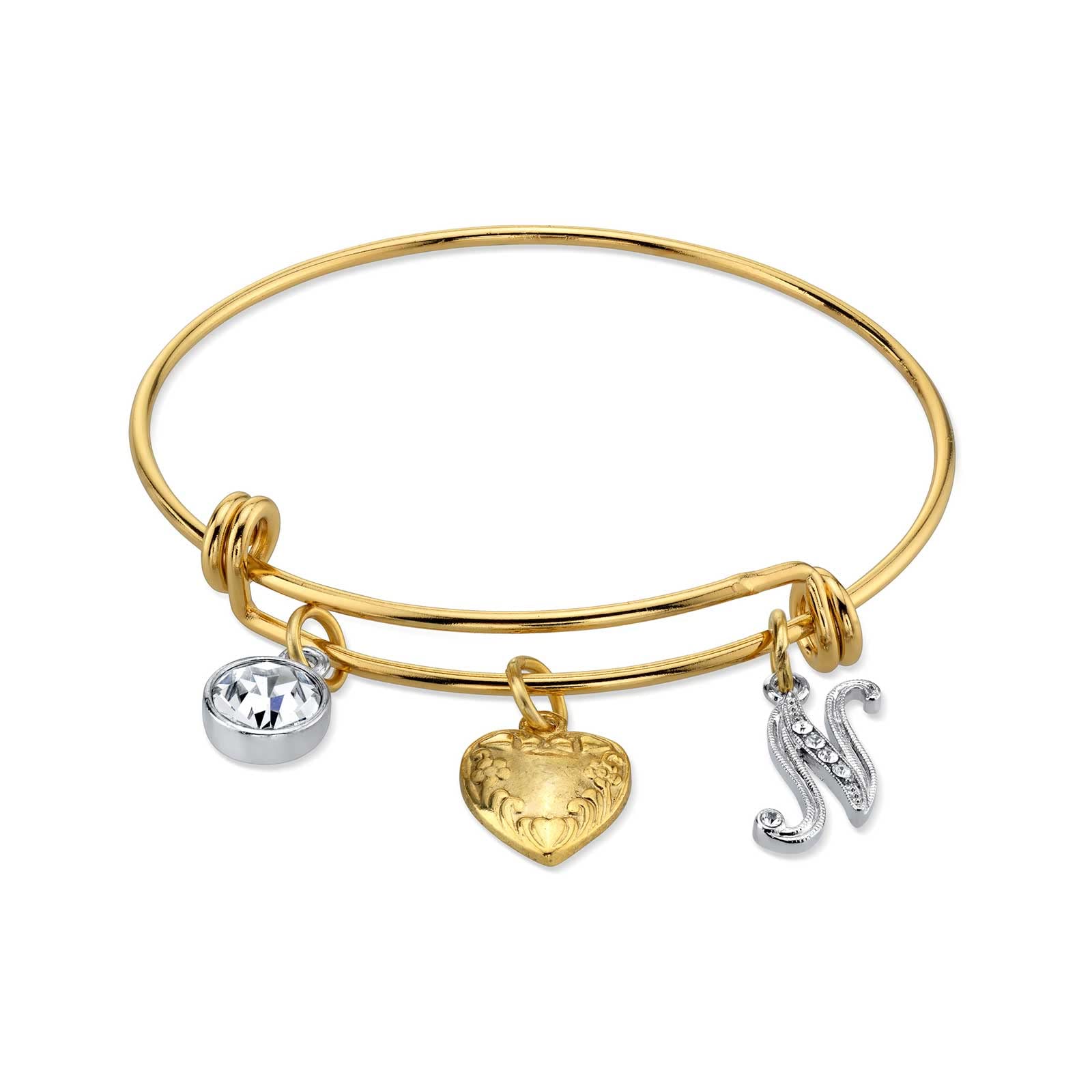 1928 Jewelry Women's Gold Heart Initial Crystal Charm Bangle Bracelet - Personalized N Monogram, 2.5