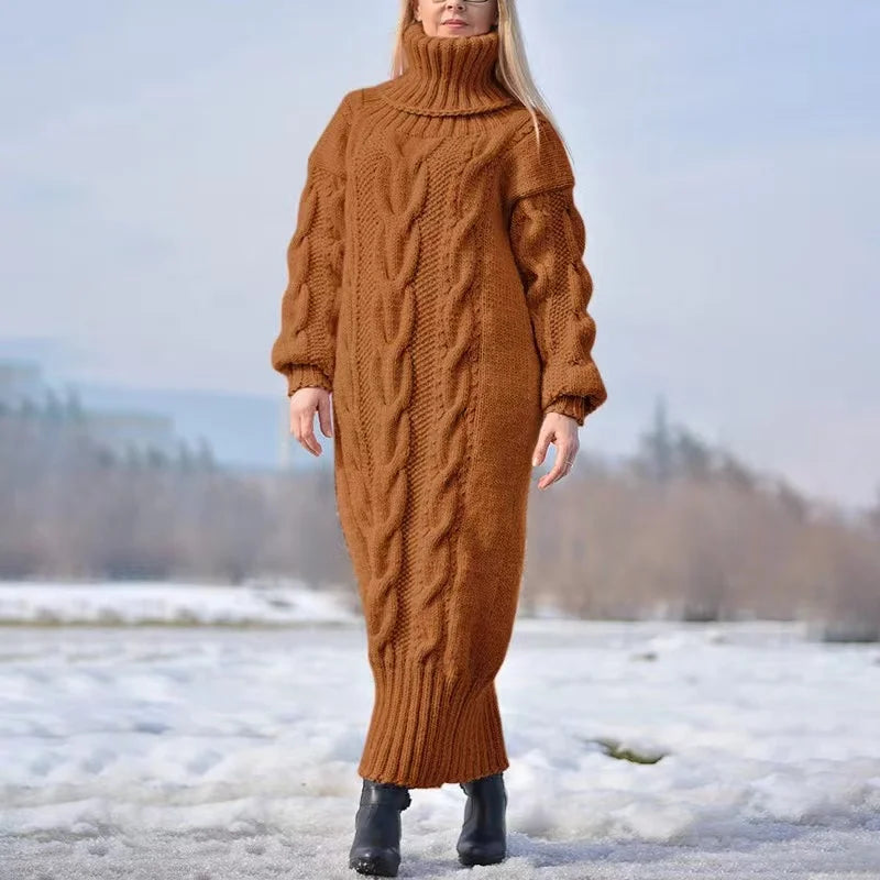 Women's Oversized Loose Knit Turtleneck Sweater Dress - Solid Color Long Pullover for Fall & Winter | Casual Office Wear, Layering Piece, Cozy Outfit