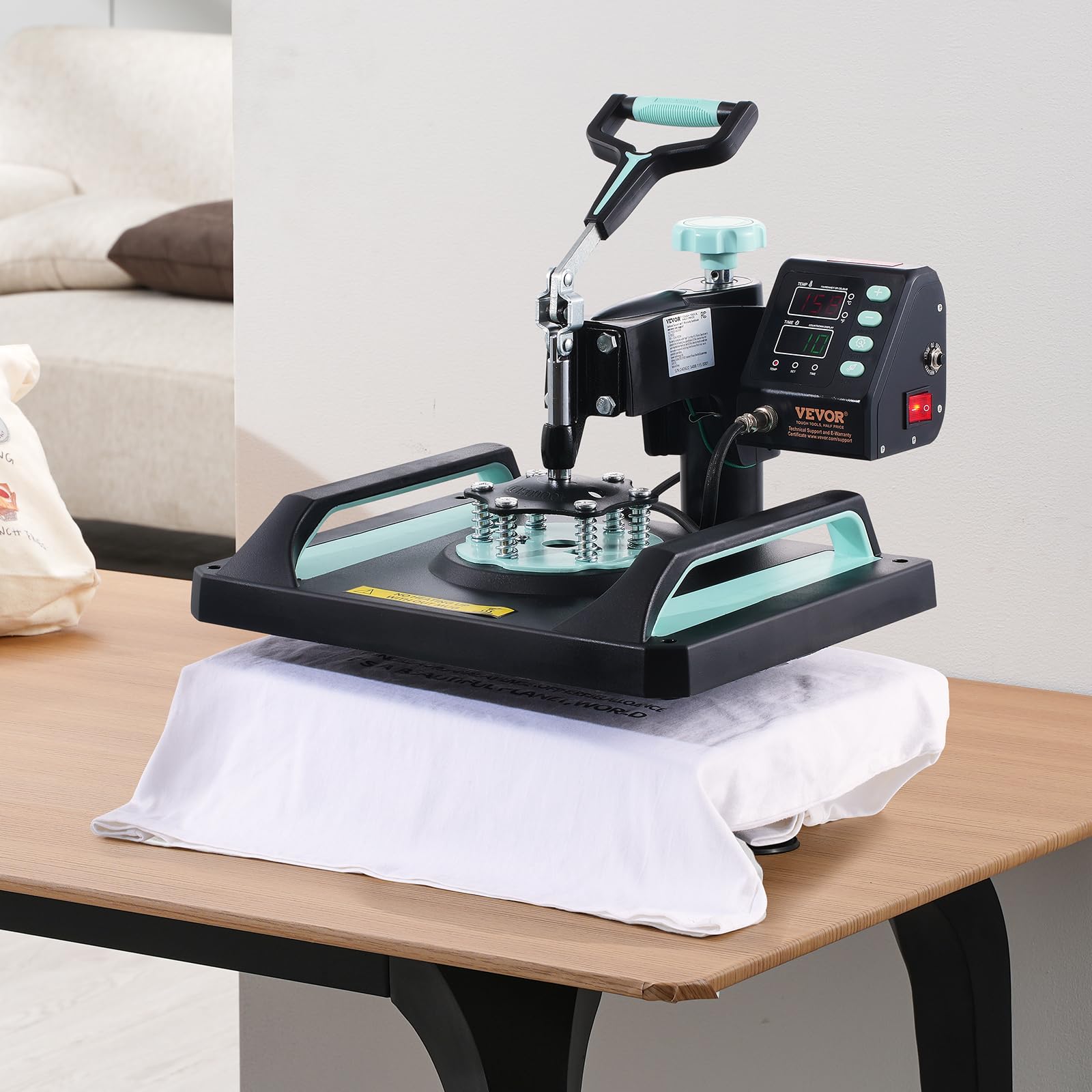 VEVOR 8-in-1 Digital Heat Press Machine for T-Shirts, Hats, Mugs & Plates - 12x15 Inch Swing Away T-Shirt Press with 30oz Tumbler Press, Hat Press & Plate Press (Light Green) - Perfect for DIY Custom Apparel, Sublimation Projects & Small Business Printing