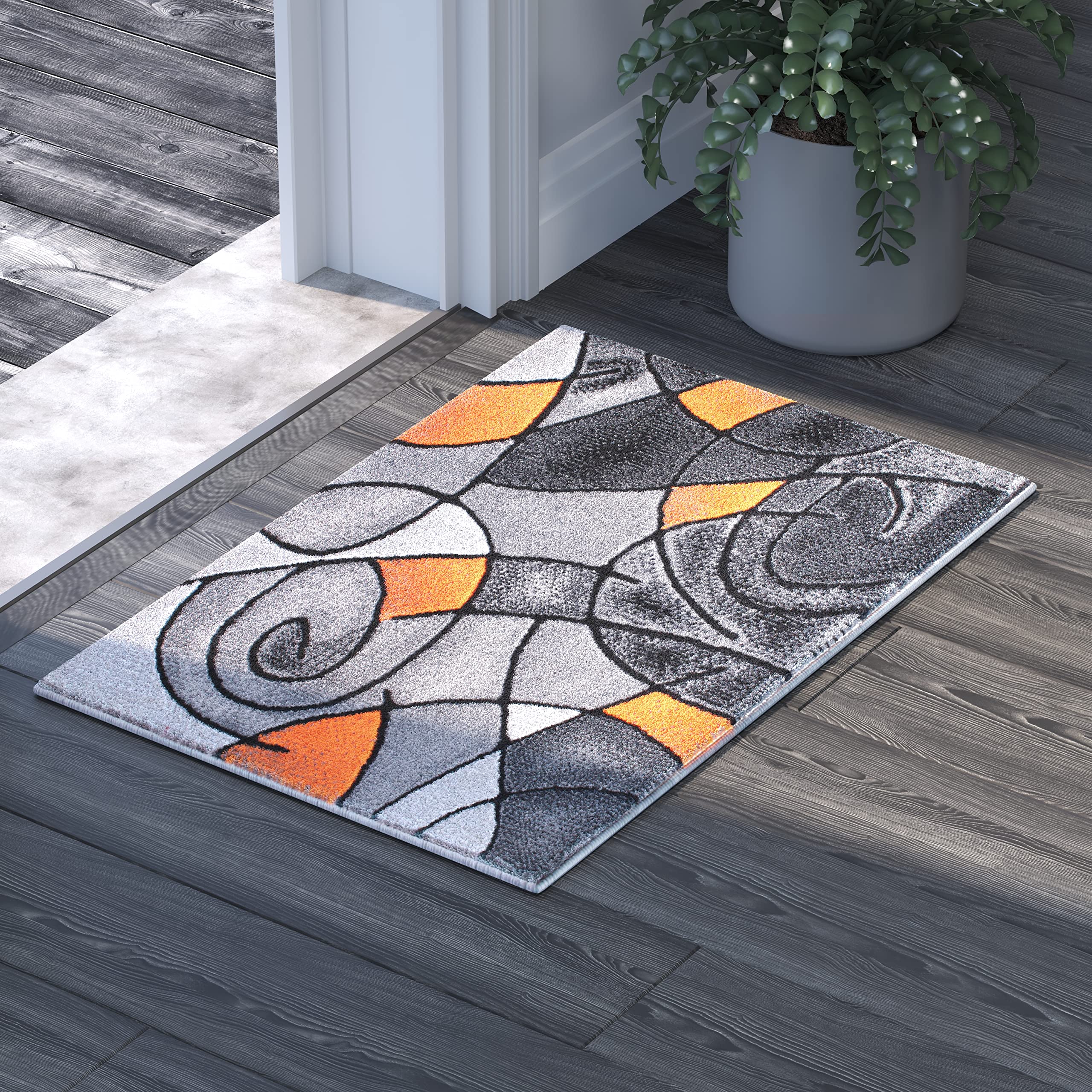 EMMA + OLIVER Abstract Geometric Plush Olefin Accent Rug - Gradient Gray with Orange Accents - 2x3 Feet Stain & Moisture Resistant - Perfect for Living Room, Bedroom or Office Decor