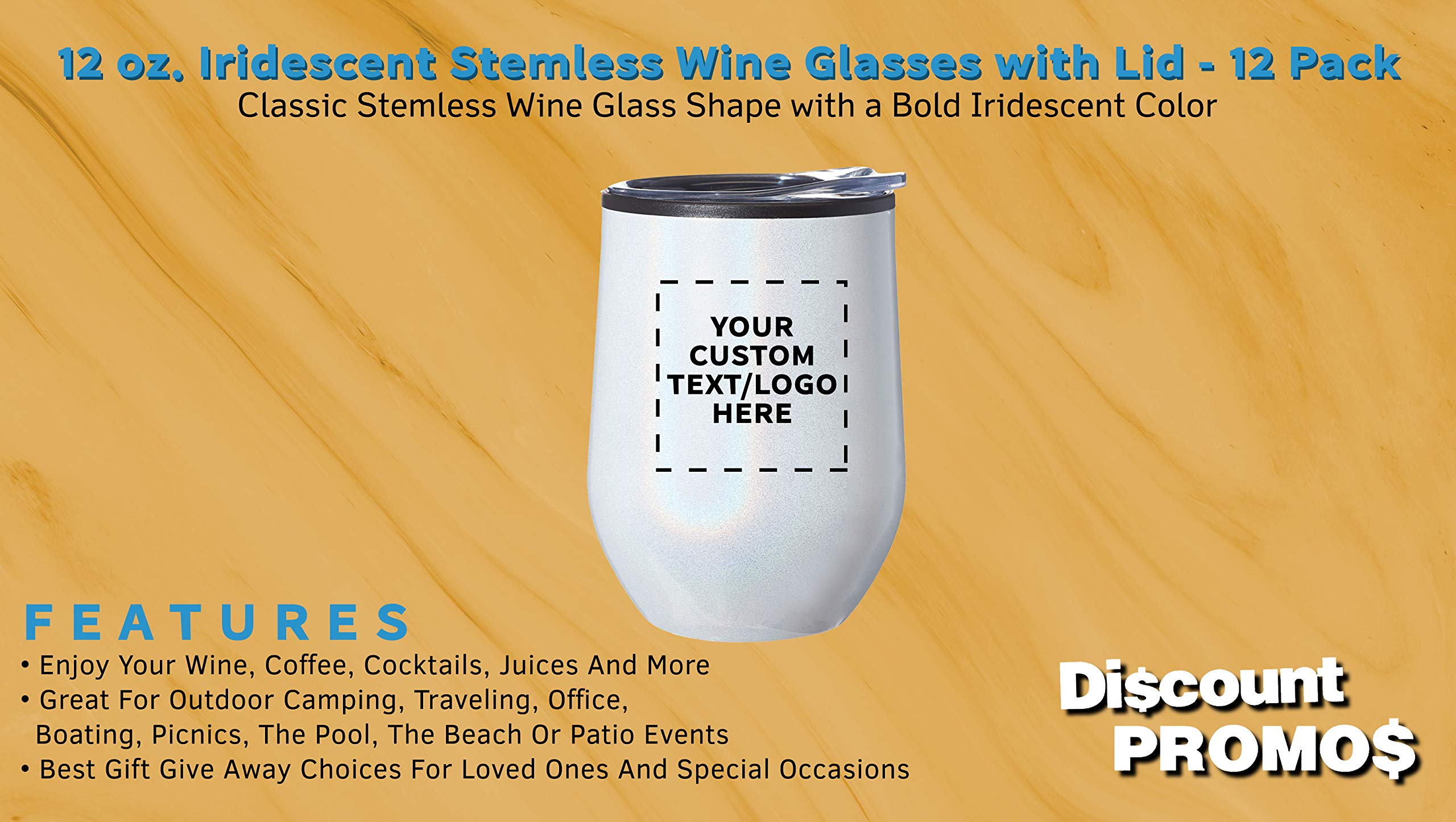 Custom Palmera Stemless Wine Tumblers with Lids - 12 oz Set of 12, Personalized Bulk Pack - Iridescent White - Perfect for Wine, Cocktails, Hot & Cold Beverages - Great for Parties, Weddings, Gifts & Home Entertaining