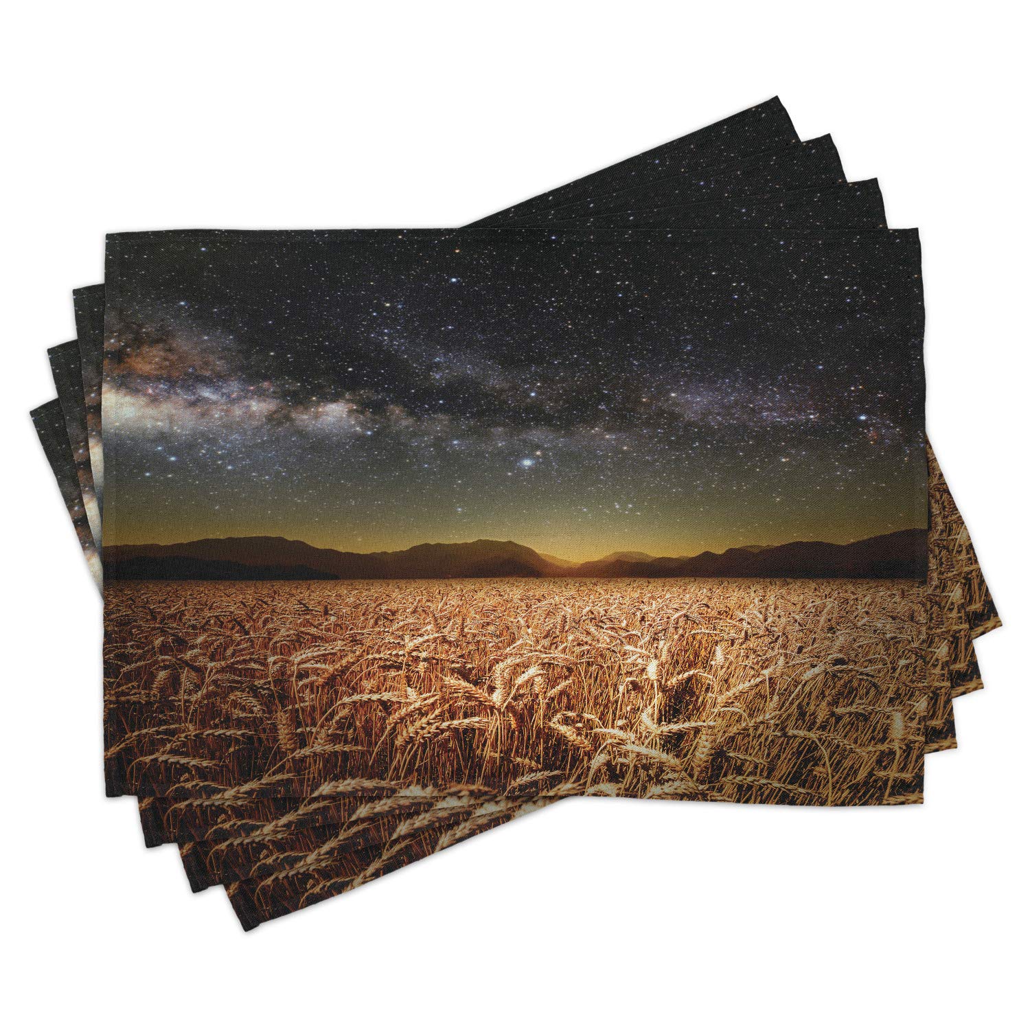 Ambesonne Space-Themed Place Mats Set of 4 - Wheat Field Meadow Under Star Clusters Twilight Harvesting Rural Art Print - Washable Fabric Table Mats for Dining Room & Kitchen Decor in Tan Grey - Perfect for Dinner Parties, Family Gatherings & Home Decor