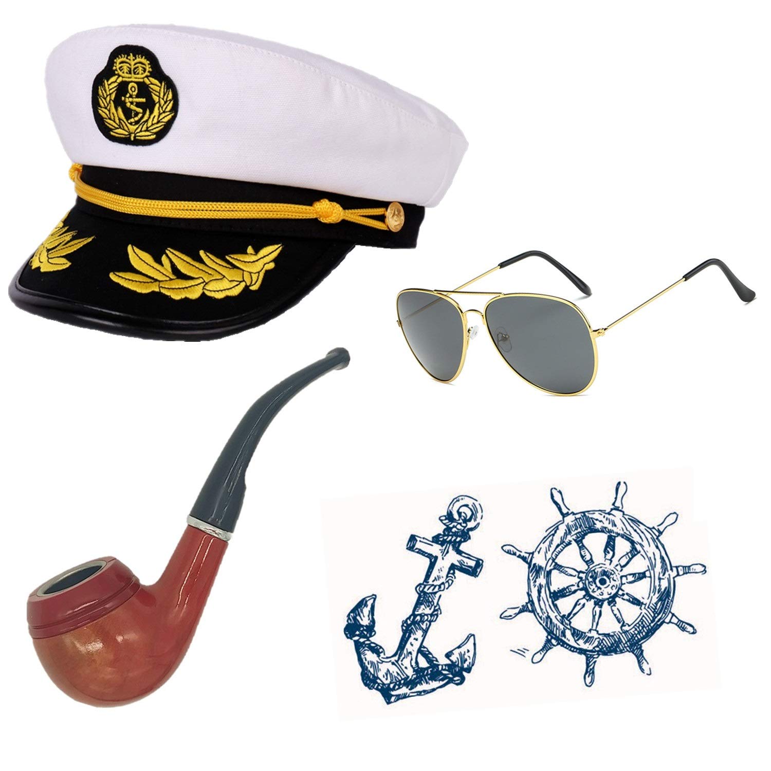 Feacole Vintage Sailor Hat with Wooden Pipe & Aviator Sunglasses - Nautical Captain Costume Accessories for Yacht Party, Boat Cruise, Halloween & Cosplay