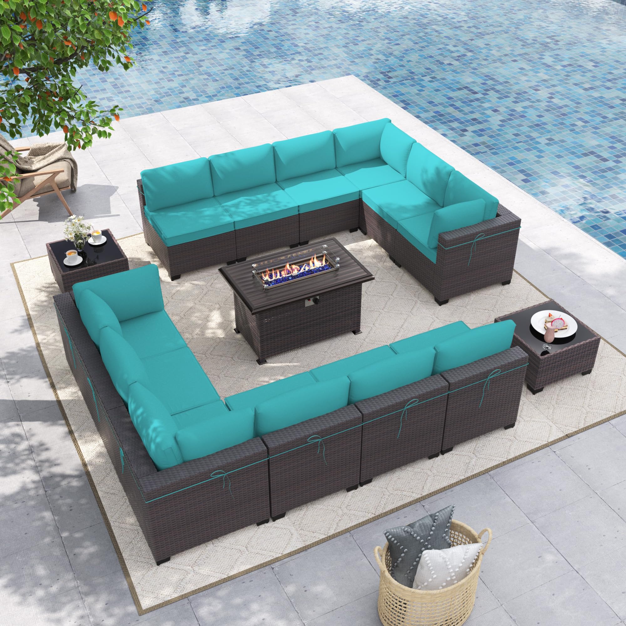 Gotland 15-Piece Outdoor Patio Furniture Set with 43-inch Gas Fire Pit Table - 55,000 BTU Auto-Ignition Sectional Sofa Set with Glass Wind Guard - Perfect for Backyard, Garden, and Poolside Gatherings