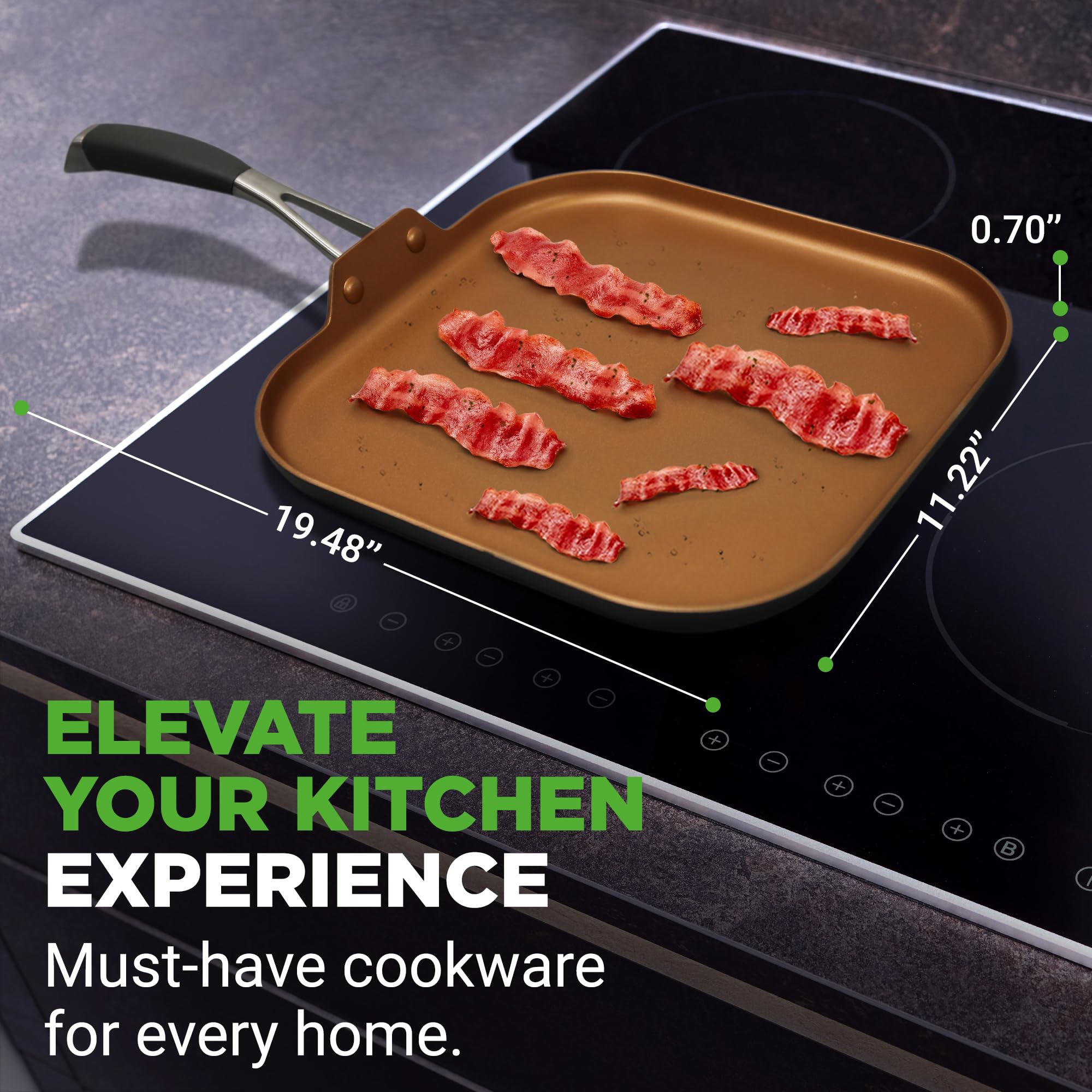 NutriChef Non-Stick Copper Frying Pan with Hard-Anodized Exterior & Heat-Resistant Silicone Handle - 1 Griddle for Perfect Pancakes, Eggs & Steaks - Ideal for Home Cooking, Camping & Outdoor BBQ