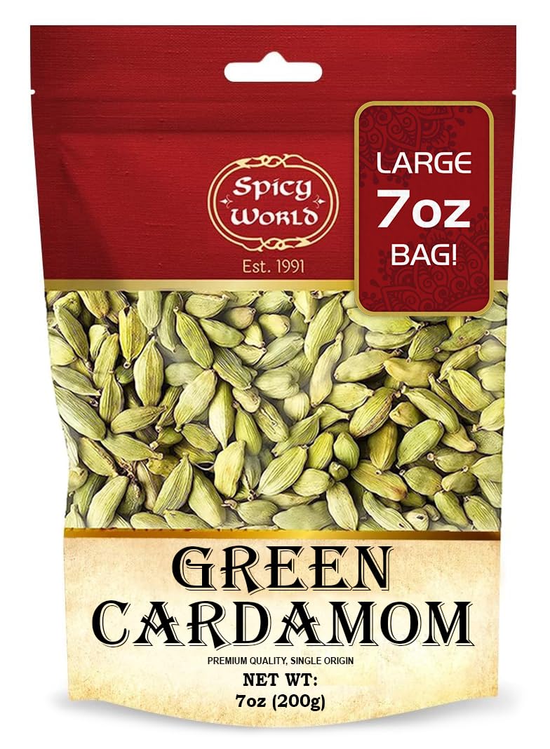 Premium Whole Green Cardamom Pods 7oz (200g) - Organic, Vegan, Aromatic Spice for Baking, Tea & Indian Cooking - Fresh Large Cardamom Seeds by Spicy World