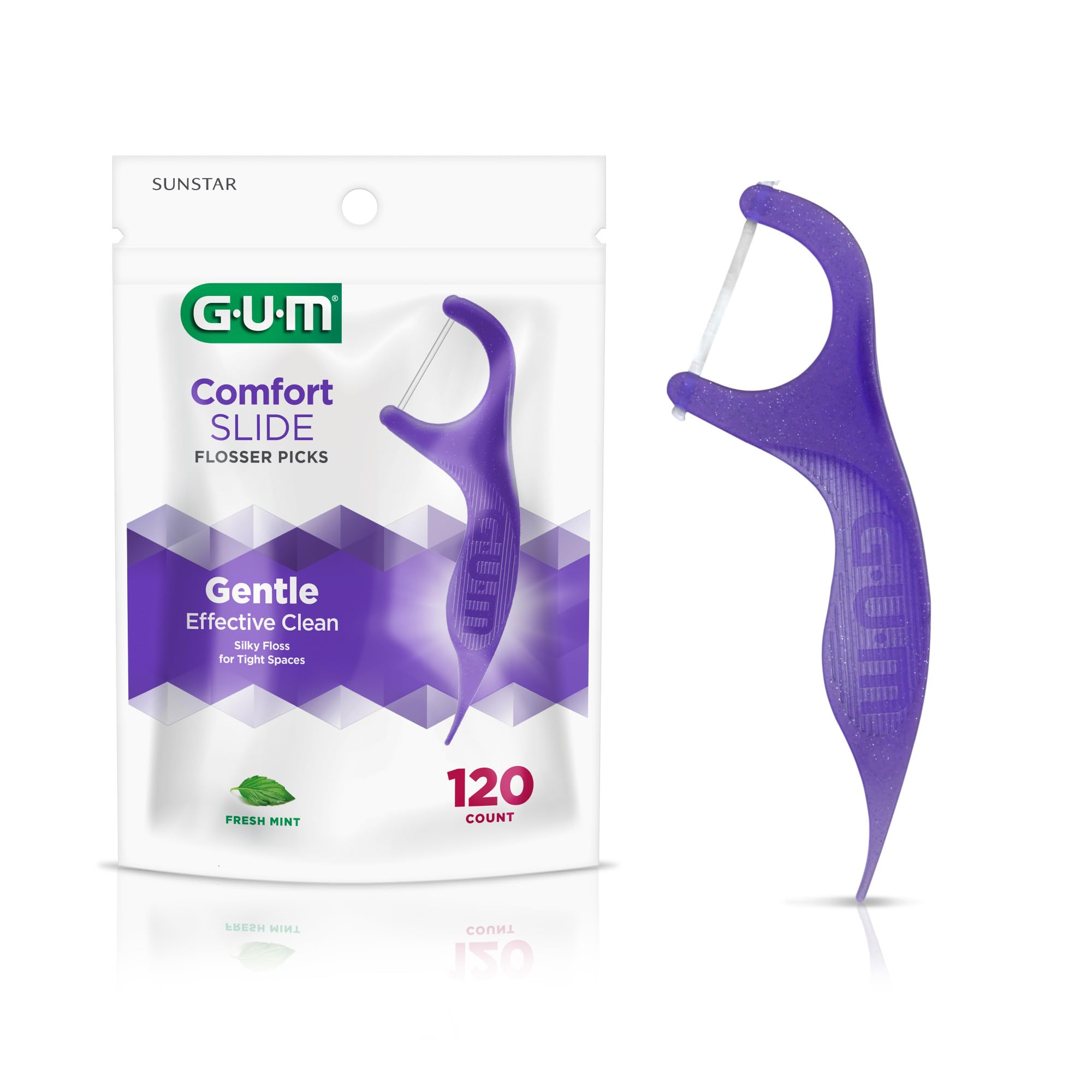 GUM Comfort Slide Floss Picks - Extra Strong Shred-Resistant Dental Floss for Tight Teeth - Easy Grip Handle, Fresh Mint Flavor (120 Count) - Perfect for Adults, Travel & On-the-Go Oral Care