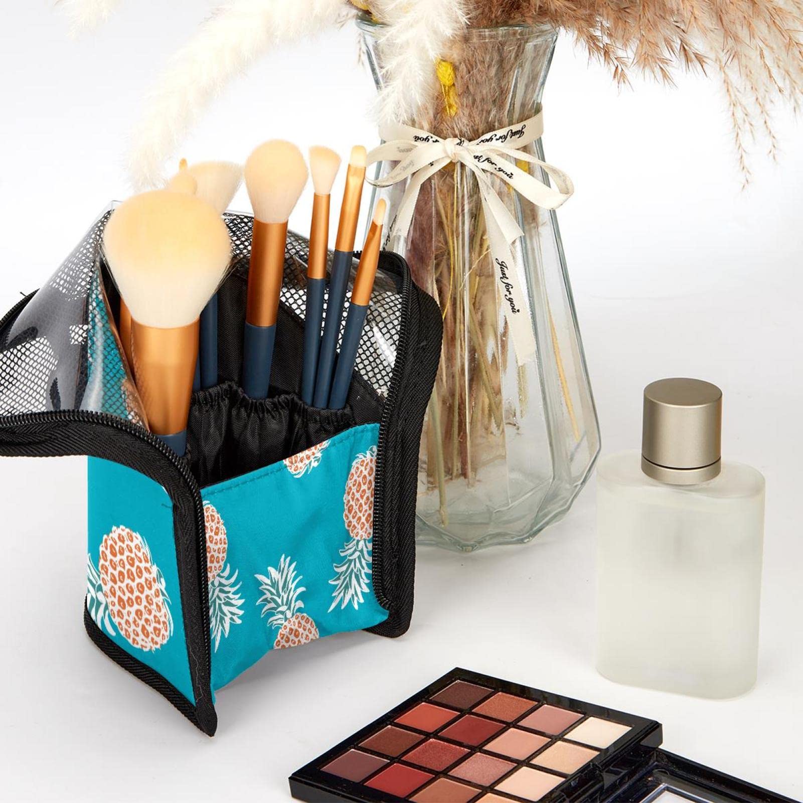 12-Piece Makeup Brush Set with Pineapple Print Organizer Bag - Portable Travel Cosmetic Brush Holder Case for Professional & Home Makeup Application