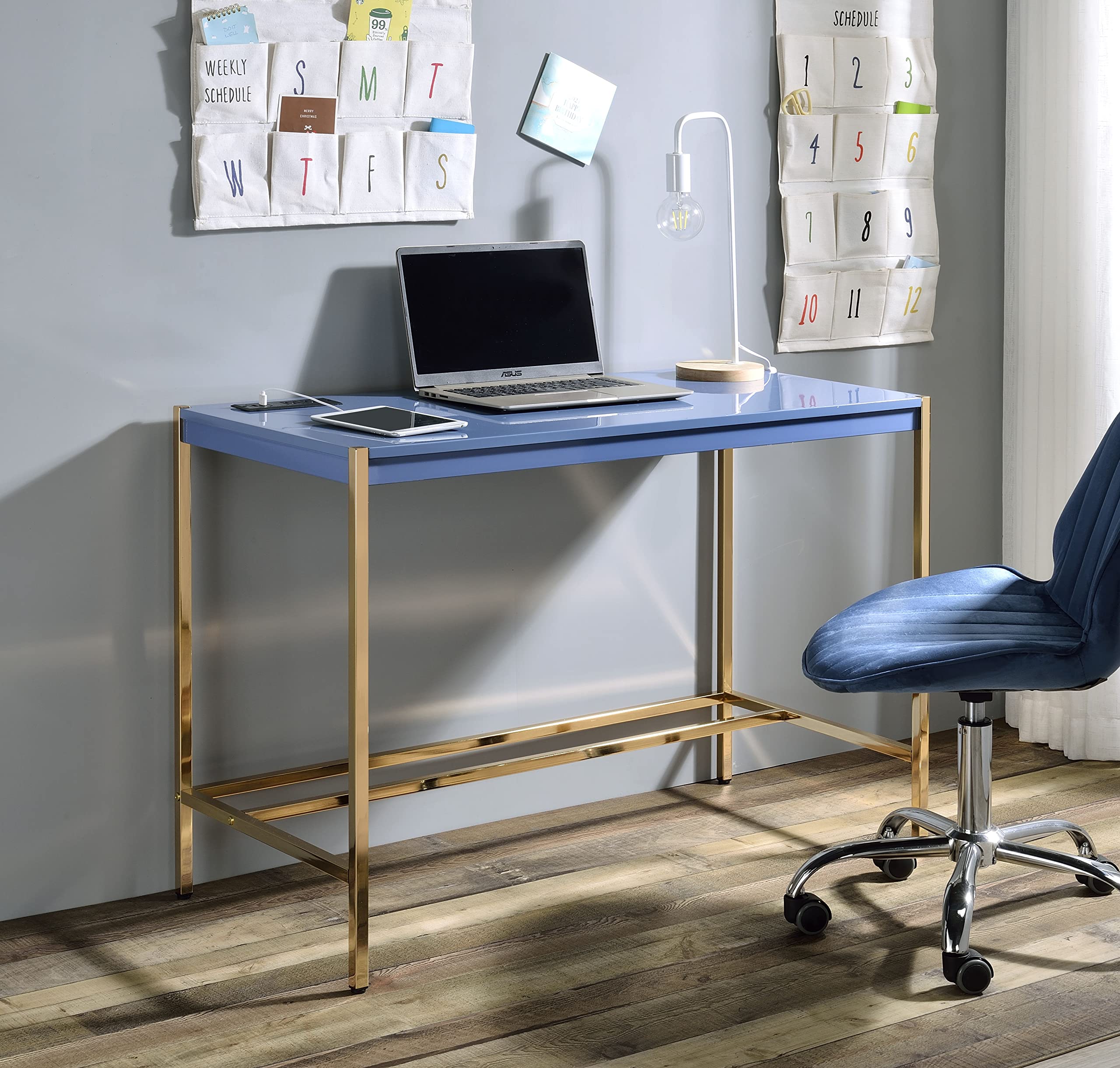 Knocbel 42 Inch Modern Writing Desk with USB Port - Home Office Workstation, Computer Desk & Vanity Table with Sturdy Metal Frame - High Gloss Finish in Navy Blue & Gold - Perfect for Small Spaces, Remote Work & Makeup Application