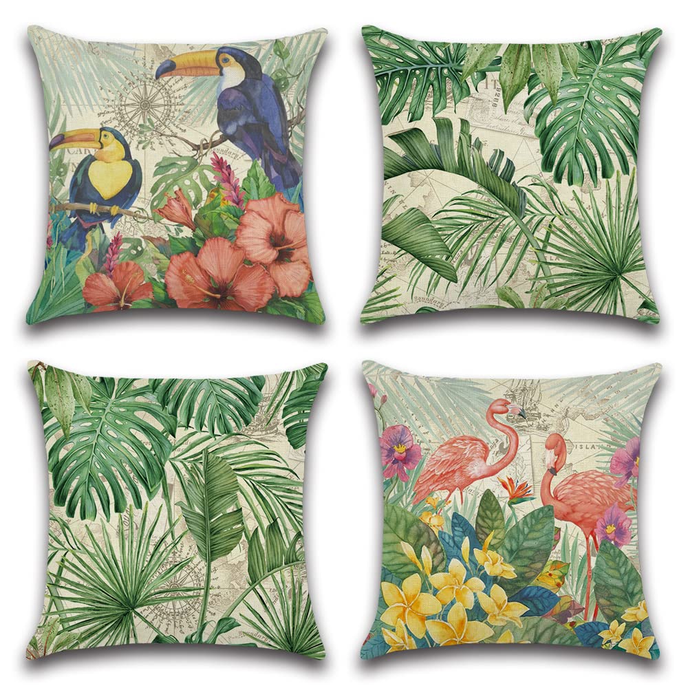 Eandoi Summer Flower Pillow Covers 18x18 Inch Set of 4 - Modern Decorative Linen Fabric Throw Pillow Cases for Sofa, Couch, Bed & Car - Perfect for Living Room, Outdoor Patio & Home Decor