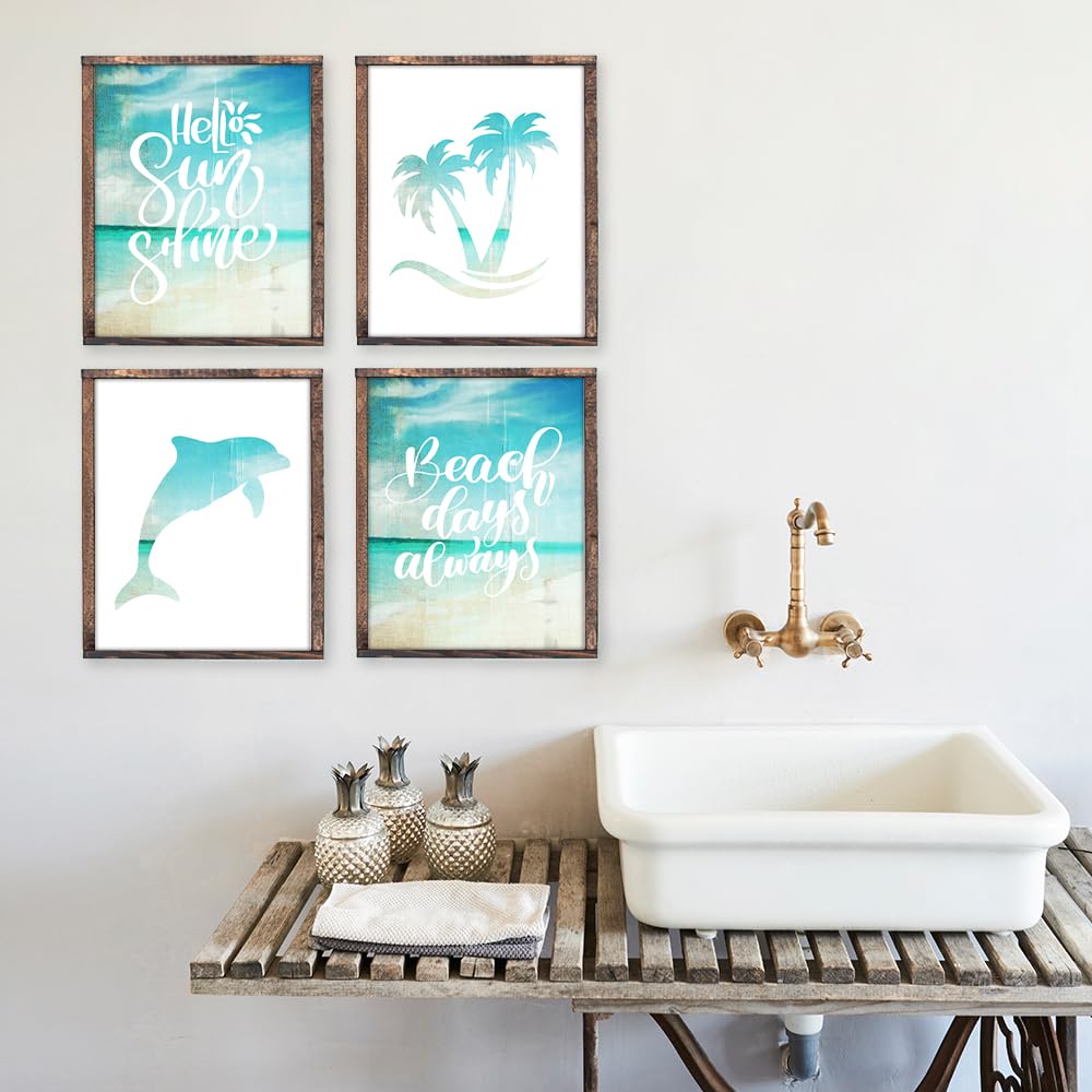 Beach Set Art Prints (Set of 4) - 11x14 Inches Unframed Wall Decor - Coastal Themed Paintings for Home & Office - Perfect for Living Room, Bedroom, Bathroom & Beach House Decor - Bring Ocean Vibes to Your Space