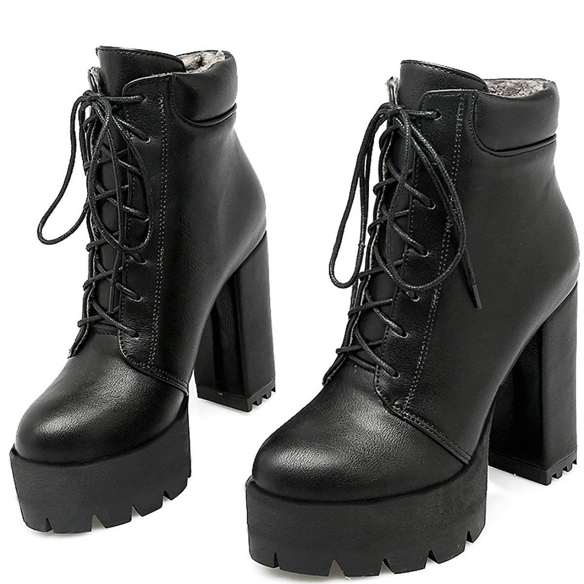 MAVMAX Women's Chunky Heel Ankle Boots - Lace Up Platform Booties for Casual Outfits & Fall Fashion